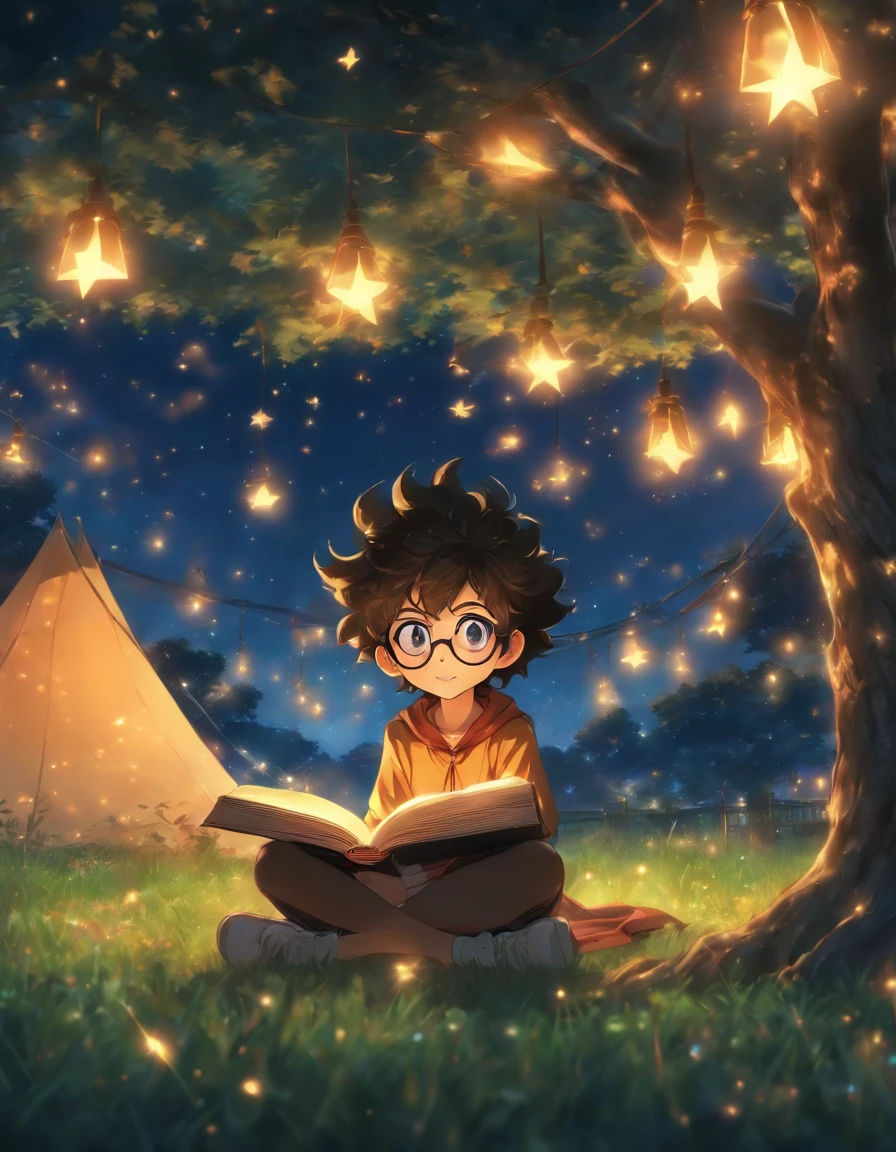 Young sits on the grass reading a book, long black curly hair, wearing glasses, delicate smile, bright brown eyes, looking up at the sky, lamp light, whole body, under a huge tree, farther view, a tent in the background, starry sky, illuminated night, photographic effect, 8k, super detailed, hyper realistic.