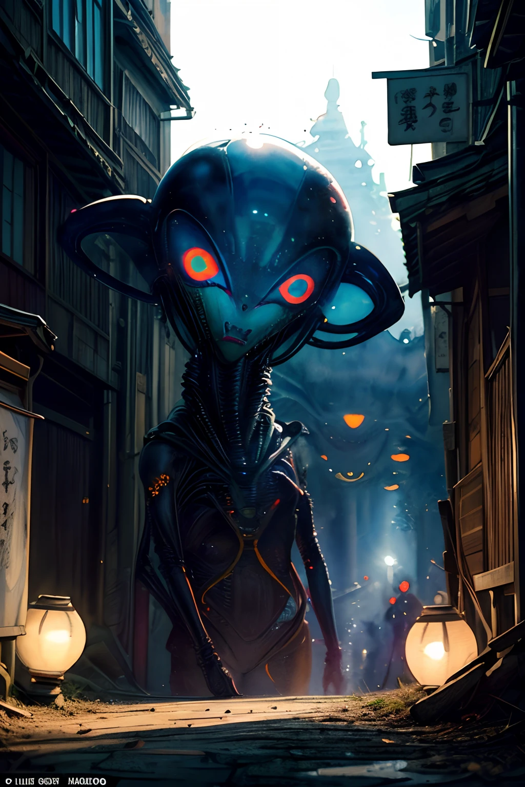 (masterpiece, top quality, best quality, official art, (beautiful and aesthetic:1.4), (watercolor:1.3) ), (alien, with glowing eyes, falled into a pit:1.8), (narrow Kyoto alley:1.3), evening shadows, paper lanterns flickering, sudden loud thud, large pit appearing out of nowhere, traditional townsfolk peering curiously, old meets extraterrestrial in unexpected turn of events