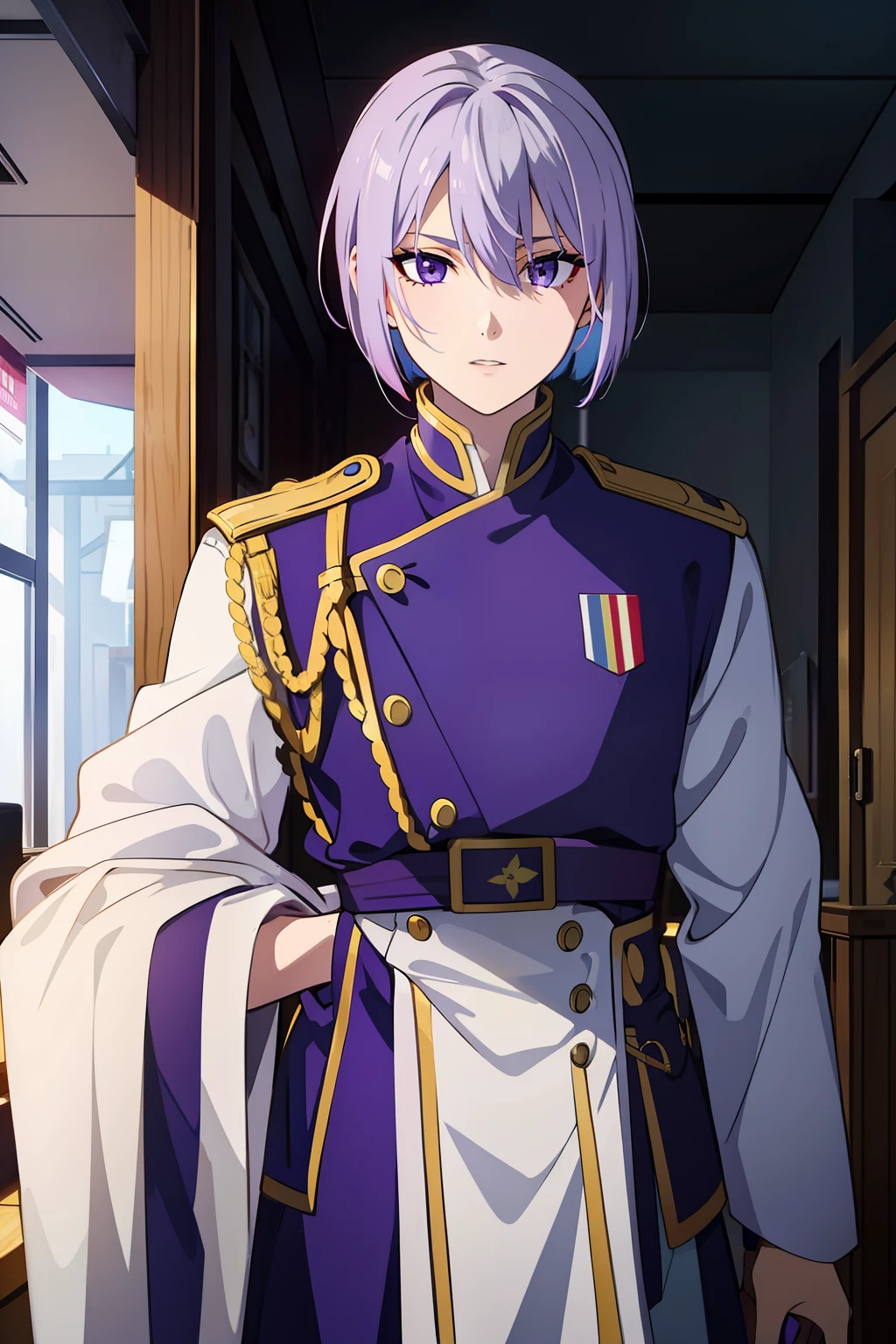 purple eyes, Opposite braids, bob cut