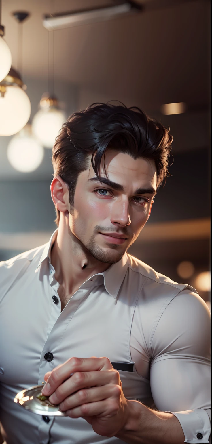 ((Men only)), (head shot), (face only), (handsome muscular meal waiter in his 20s), (in the restaurant), (Chris ), (Mischievous smile), (detail: 1 in 1), Natural muscles, HIGH quality, beautiful eyes, (Detailed face and eyes), (Face、: 1 / 2), Noise, Real photography ice、... .................................................................................................................PSD, Sharp Focus, High resolution 8K, realisitic & Professional Photography, 8K UHD, Soft lighting, High quality, Film grain, FujifilmXT3