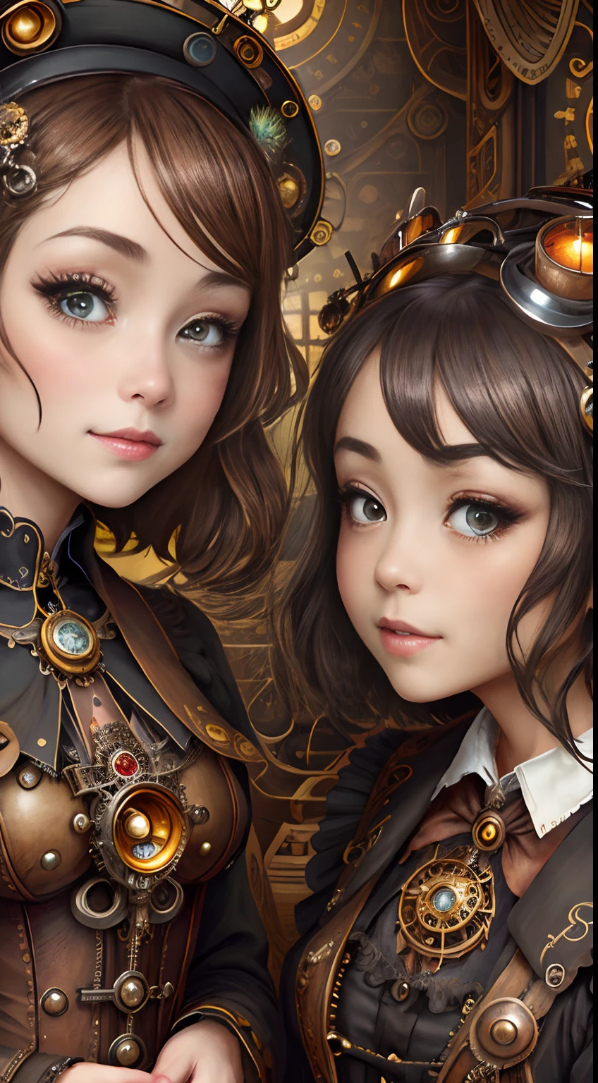 steampunkai,Detailed details。one girls。a very pretty girl。Steampunk nuns。natural make up。The background is a steampunk chapel。