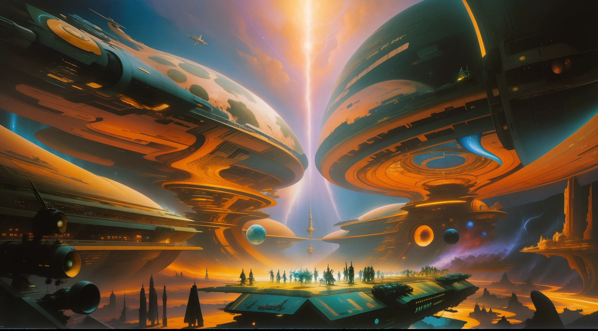 Inspirado en las legendarias obras de PETER ELSON, John Berkey, JIM BURNS, VICENTE DI DESTINO, Chris Foss, ANGUS MCKIE, Ralph McQuarrie, Syd Mead, Boris Vallejo, Frank Frazetta, y ROGER DEAN, This work of art takes us on a journey through an otherworldly musical spectacle. Imagine a magnificent concert hall floating in the cosmos, where ethereal musicians play celestial instruments that emit radiant melodies. The whole scene is illuminated by cosmic lights, creating a mesmerizing symphony of colors and sounds that resonate throughout the universe.