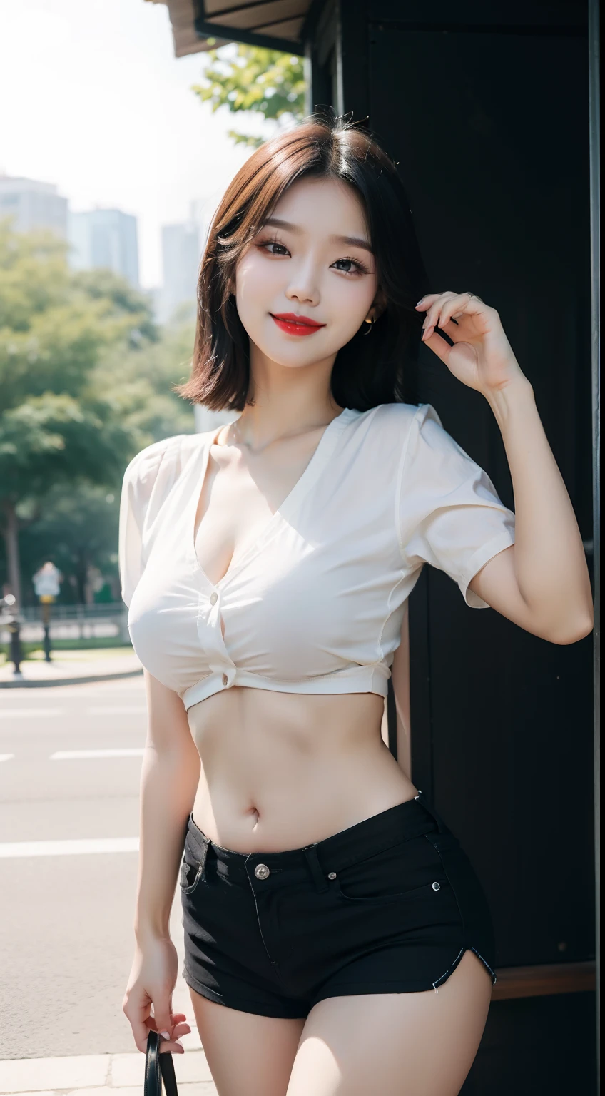Beautiful Girl, Korean makeup, Red lips, smile lightly, Perfect body, big breasts, thigh, short shirt with open belly, lower abdomen, umbilical piercings, tight short shorts, black pants, View from the back, View of the park,