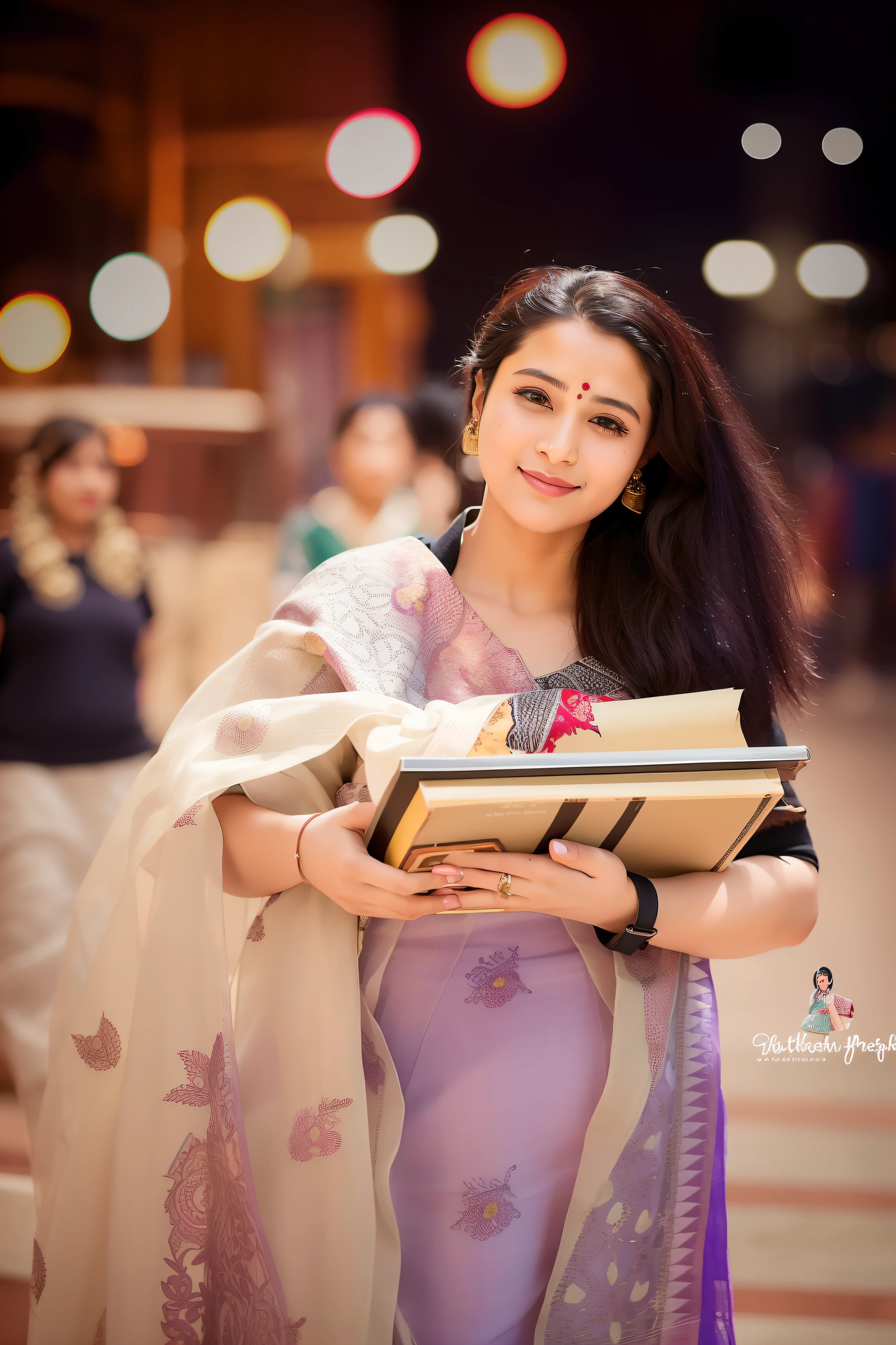arafed woman in a sari holding a book in a city, candid picture, assamese aesthetic, traditional beauty, student, book portrait, wearing bihu dress mekhela sador, cute beautiful, with lovely look, beautiful himalayan woman, very beautiful girl, dressed in a sari, very beautiful photo, wearing a sari, candid photography, modeling photography