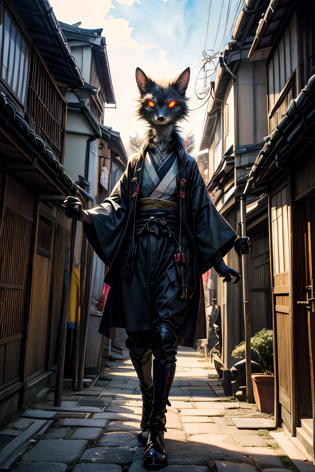 (masterpiece, top quality, best quality, official art, (beautiful and aesthetic:1.4), (watercolor:1.3) ), (alien, with glowing eyes, trapped within, flailing its limbs, 1.8), (narrow Kyoto alley:1.3), evening shadows, paper lanterns flickering, sudden loud thud, large pit appearing out of nowhere, traditional townsfolk peering curiously, old meets extraterrestrial in unexpected turn of events