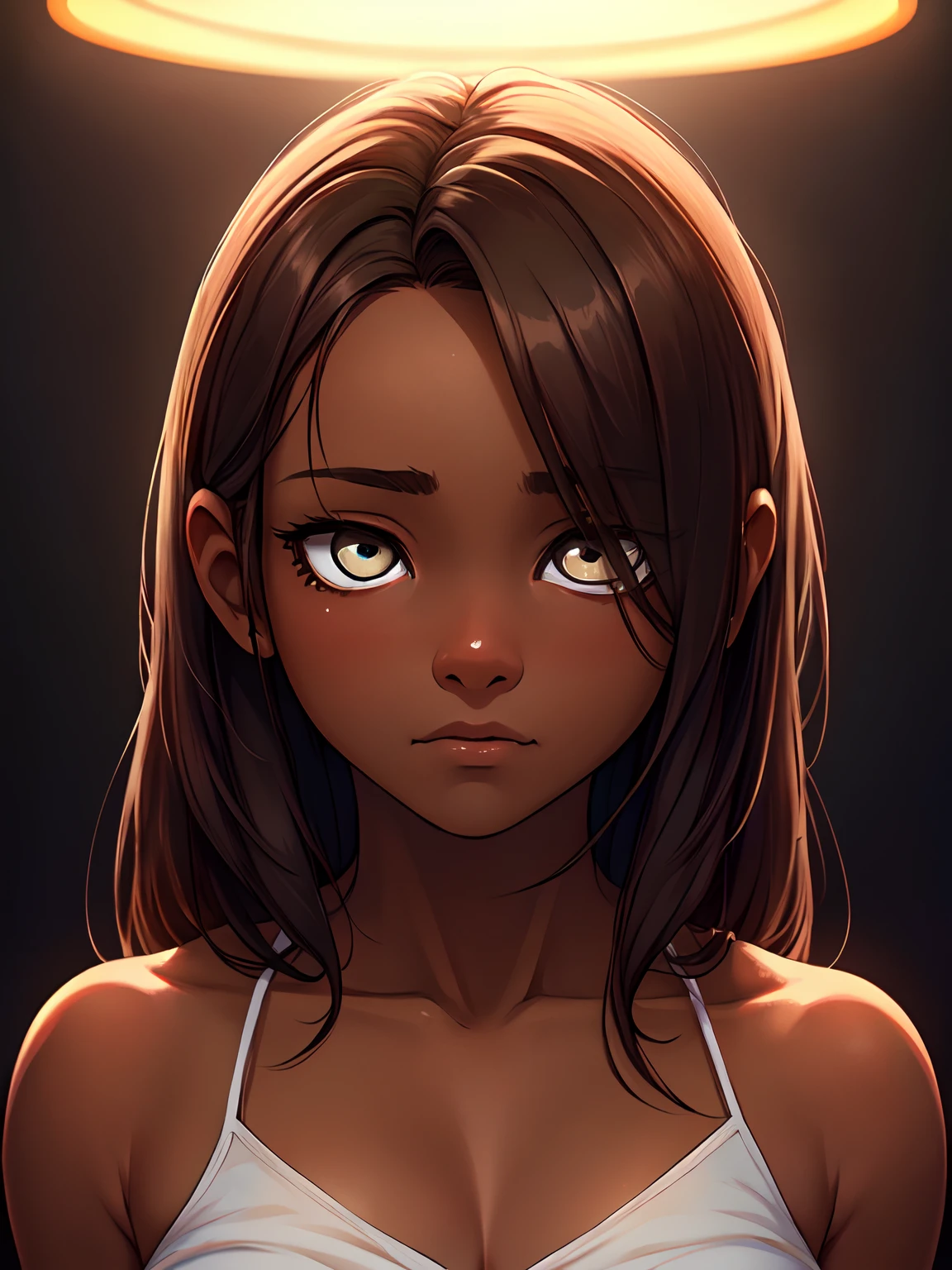 1 girl, (dark skin:1.2), shy, cute, (8k, RAW photo, best quality, masterpiece:1.2) ultra-detailed, Super detailed, vivid colors, studio lighting, blank eyes, white eyes