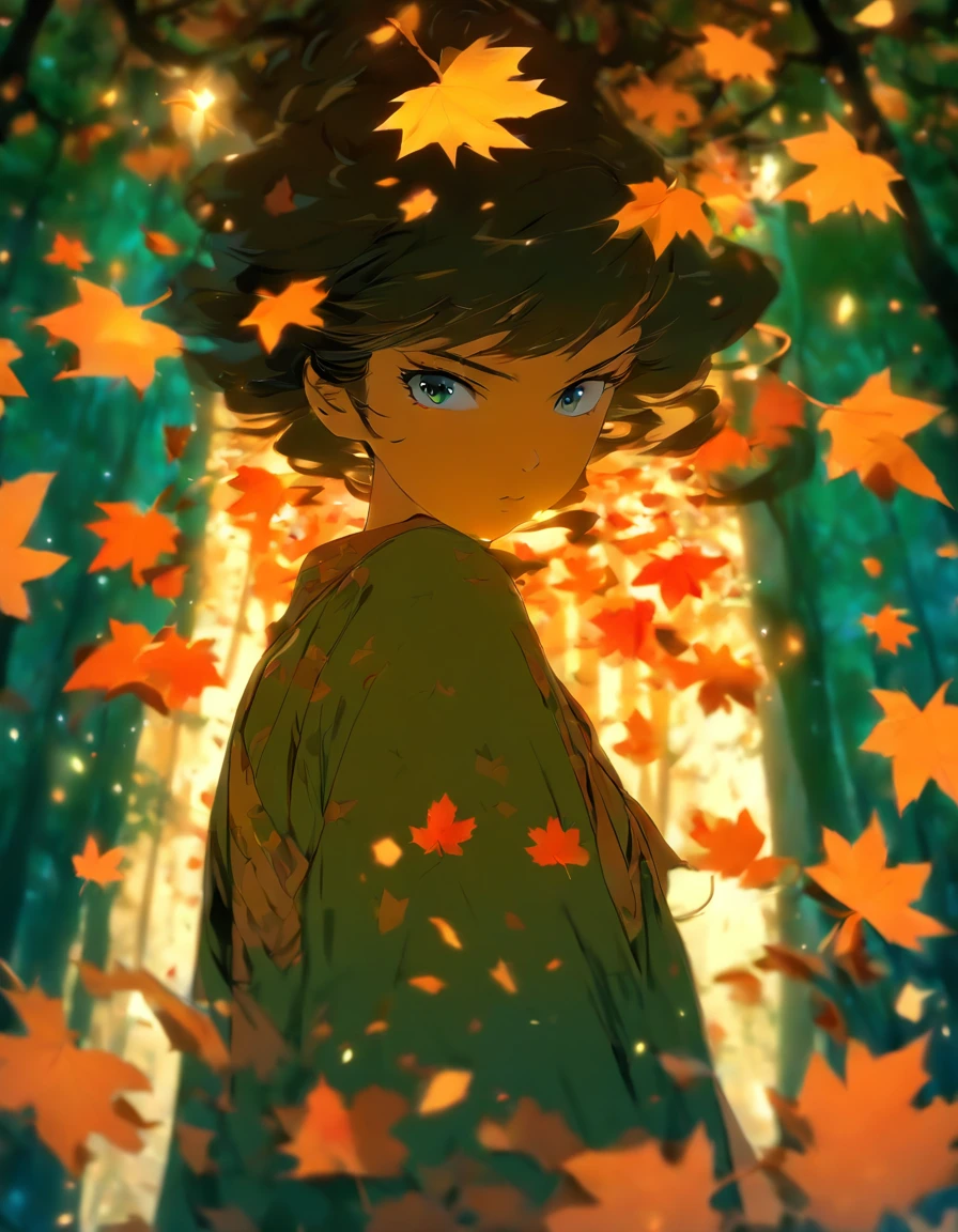 1girl, against_tree, aki_shizuha, anger_vein, autumn, autumn_leaves, bangs, bare_tree, blue_eyes, blunt_bangs, branch, night, dress, falling_leaves, forest, ginkgo_leaf, holding_leaf, lake, leaf, leaf_background, leaf_hair_ornament, leaf_on_head, leaf_print, lips, long_hair, looking_at_viewer, maple_leaf, nature, outdoors, solo, standing, stone_lantern, tree, under_tree, black hair, sensei