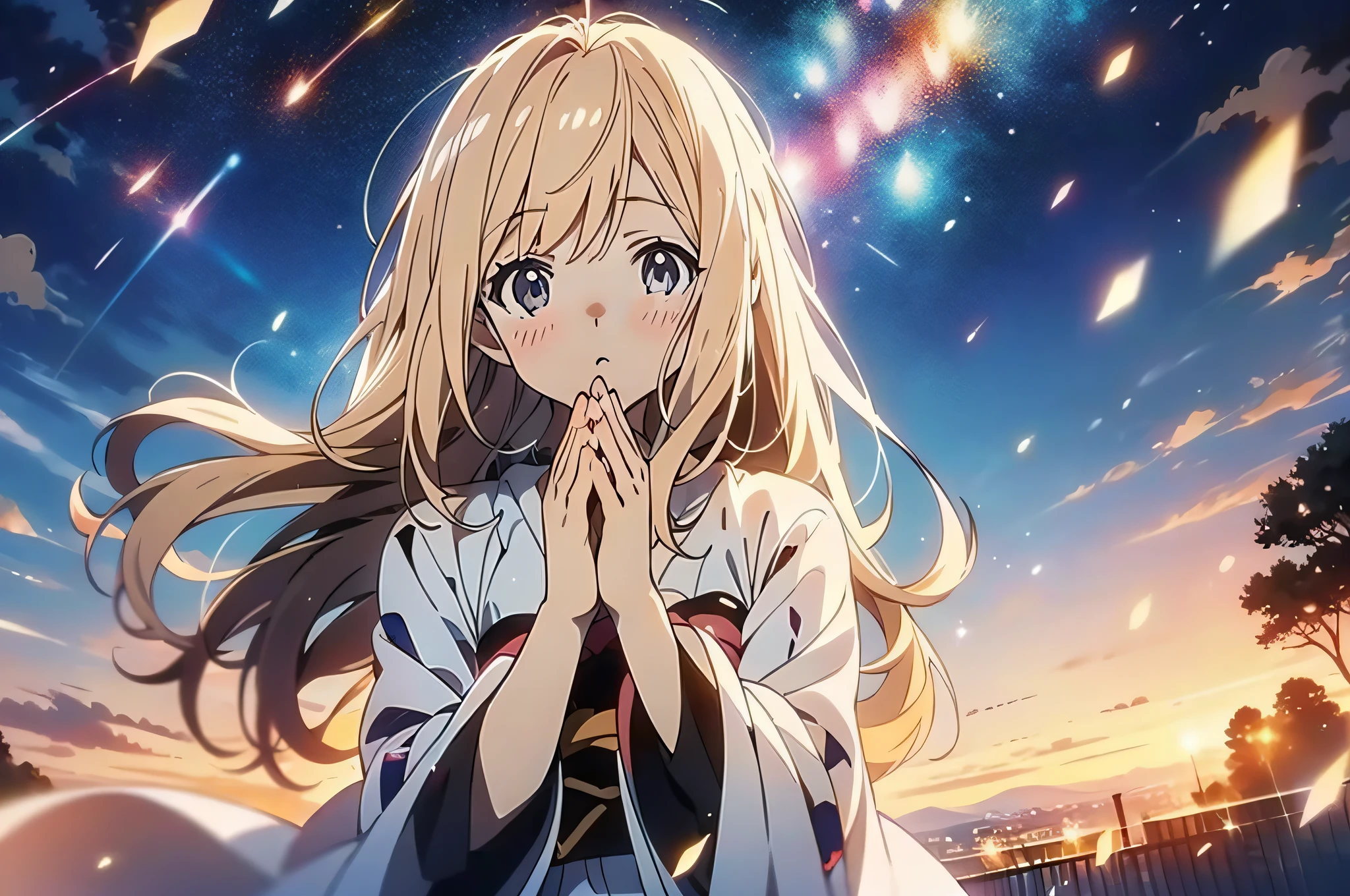 in 8K、top-quality、​masterpiece、ultra-detailliert、Ultra-high resolution、(((Anime style)))、1 woman、robe blanche、a blond、Night sky on background、comets、Pray、closing eye、Put your hands together