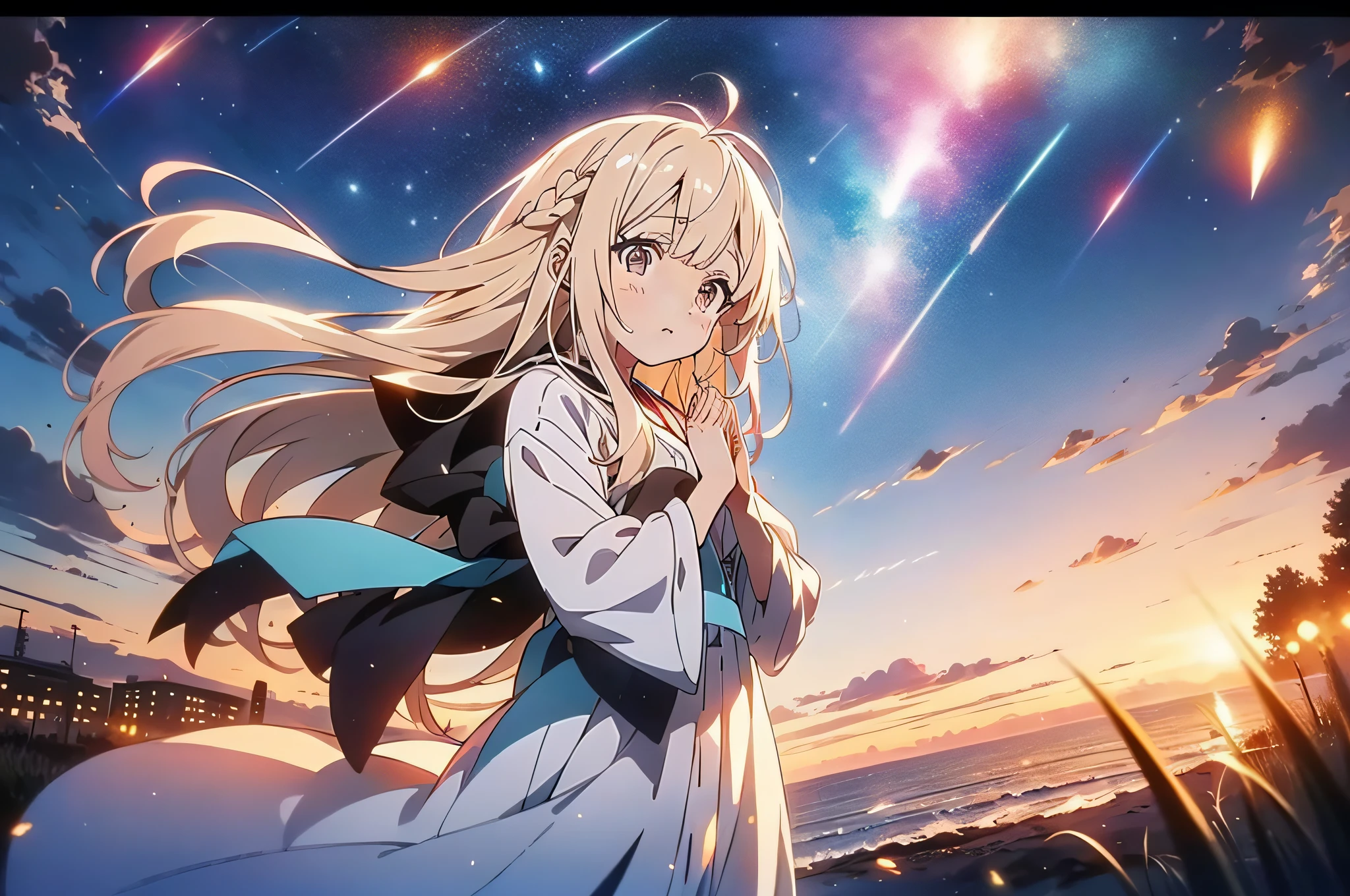 in 8K、top-quality、​masterpiece、ultra-detailliert、Ultra-high resolution、(((Anime style)))、1 woman、robe blanche、a blond、Night sky on background、comets、Pray、closing eye、Put your hands together