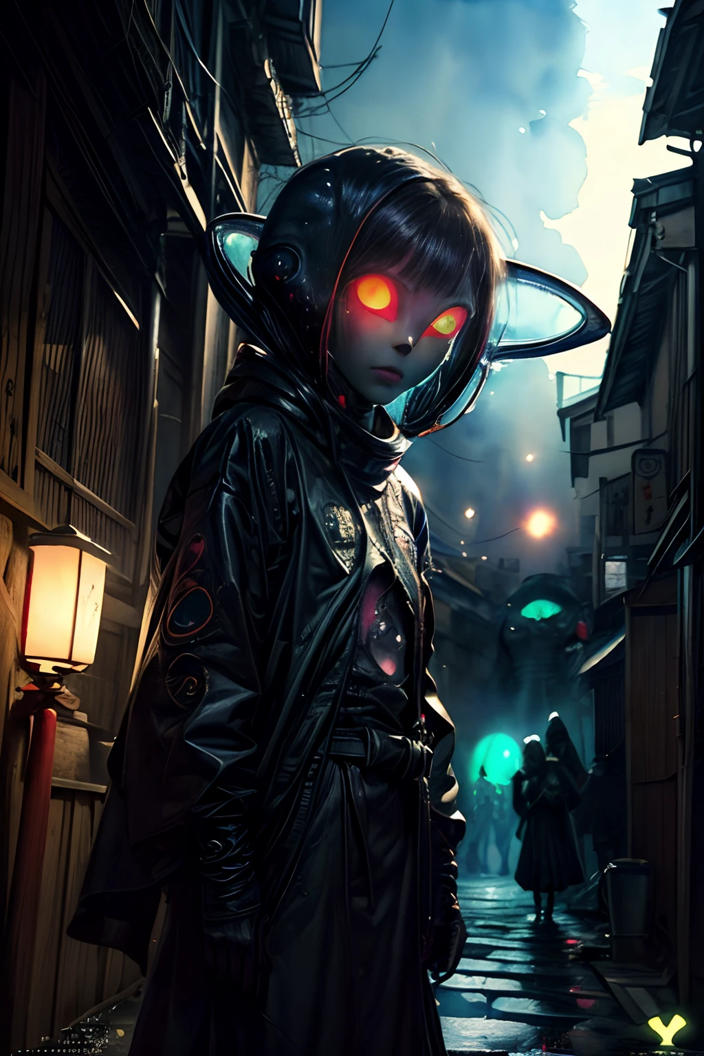 (masterpiece, top quality, best quality, official art, (beautiful and aesthetic:1.4), (watercolor:1.3) ), (alien, with glowing eyes, falled into a pit:1.8), (narrow Kyoto alley:1.3), evening shadows, paper lanterns flickering, sudden loud thud, large pit appearing out of nowhere, traditional townsfolk peering curiously, old meets extraterrestrial in unexpected turn of events