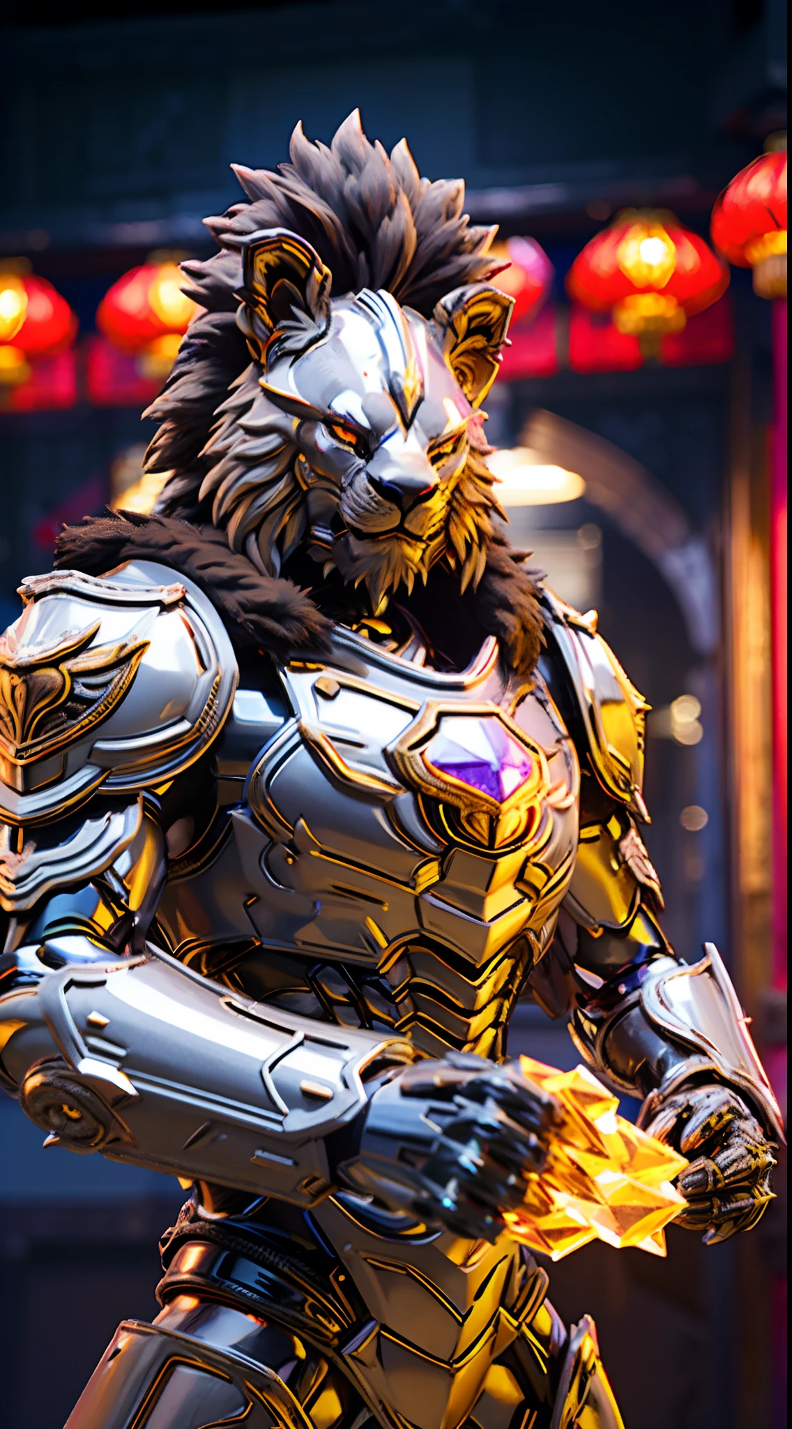 CHINESE LION, LION HEAD, HEAVY CRYSTAL ARMOR, TRANSPARANT, BLACK CLOAK, MUSCLE BODY.