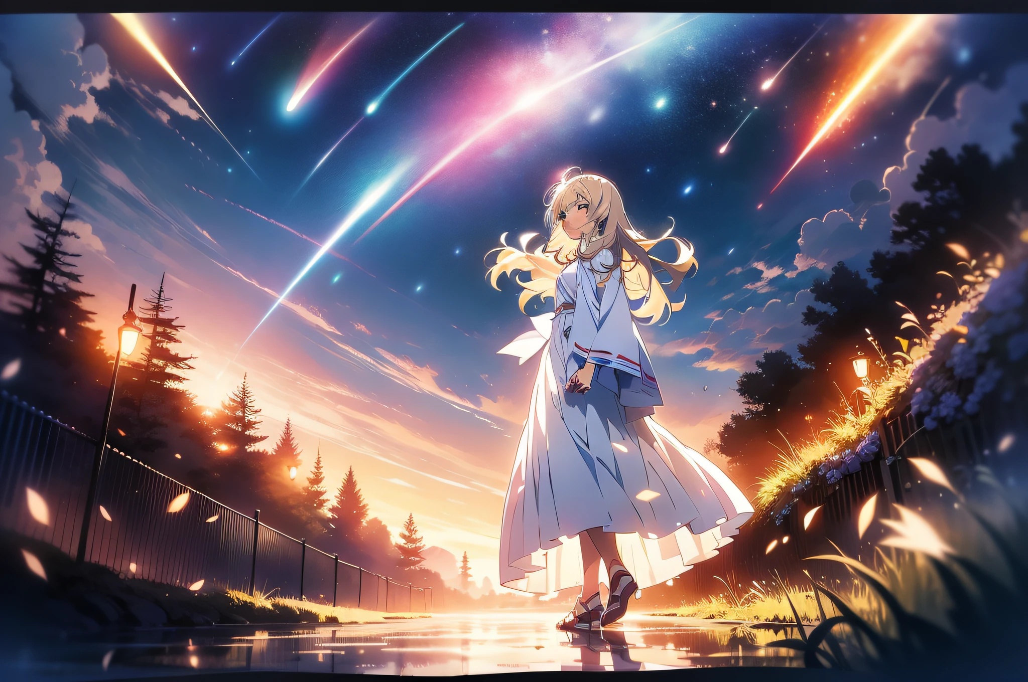 in 8K、top-quality、masterpiece、ultra-detailliert、Ultra-high resolution、(((Anime style)))、Women: 2、robe blanche、a blond、Night sky on background、comets、Holding hands and facing each other、closing eye、doa
