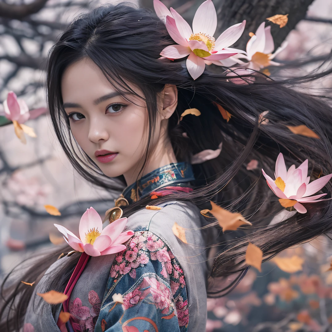 2K（tmasterpiece，k hd，hyper HD，32K）Long flowing black hair，ponds，zydink， a color， Aozhou people （Concubine girl）， （Silk scarf）， Combat posture， looking at the ground， long whitr hair， Floating hair， Carp pattern headdress， Chinese long-sleeved clothing， （abstract ink splash：1.2）， Pink petal background，Pink and white lotus flowers fly（realisticlying：1.4），Black color hair，Fallen leaves flutter，The background is pure， A high resolution， the detail， RAW photogr， Sharp Re， Nikon D850 Film Stock Photo by Jefferies Lee 4 Kodak Portra 400 Camera F1.6 shots, Rich colors, ultra-realistic vivid textures, Dramatic lighting, Unreal Engine Art Station Trend, cinestir 800，Long flowing black hair，Denim skirt