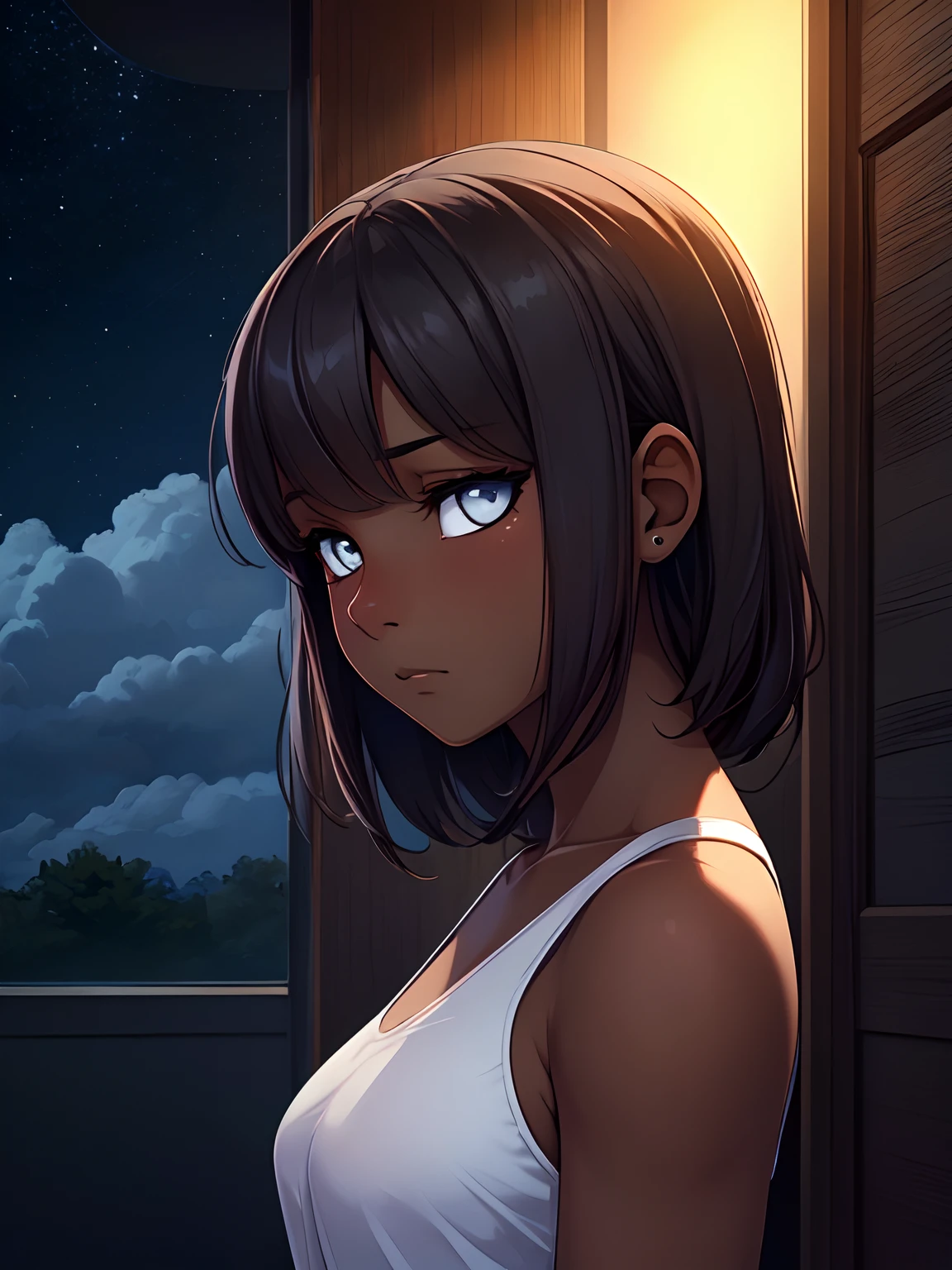 1 girl, (dark skin:1.2), shy, cute, (8k, RAW photo, best quality, masterpiece:1.2) ultra-detailed, Super detailed, vivid colors, studio lighting, blank eyes, white eyes, night clouds background