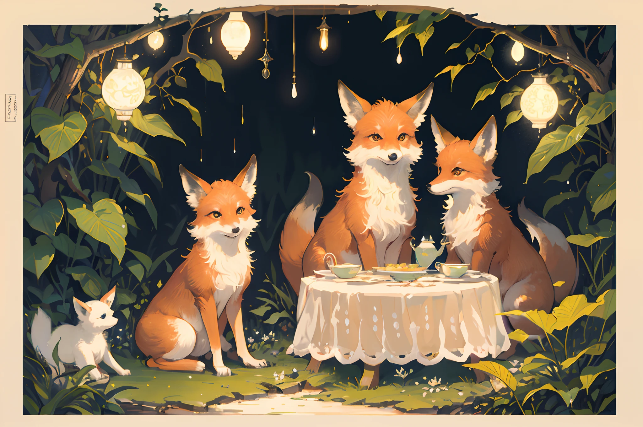 Vintage Victorian style　Precise vintage encyclopedia (best quality:1.2), (detailed:1.2), (masterpiece:1.2), vintage illustrations of foxes having a tea party at night, botanical, iridescent light, raindrops, moonlight, light garlands, moonflowers