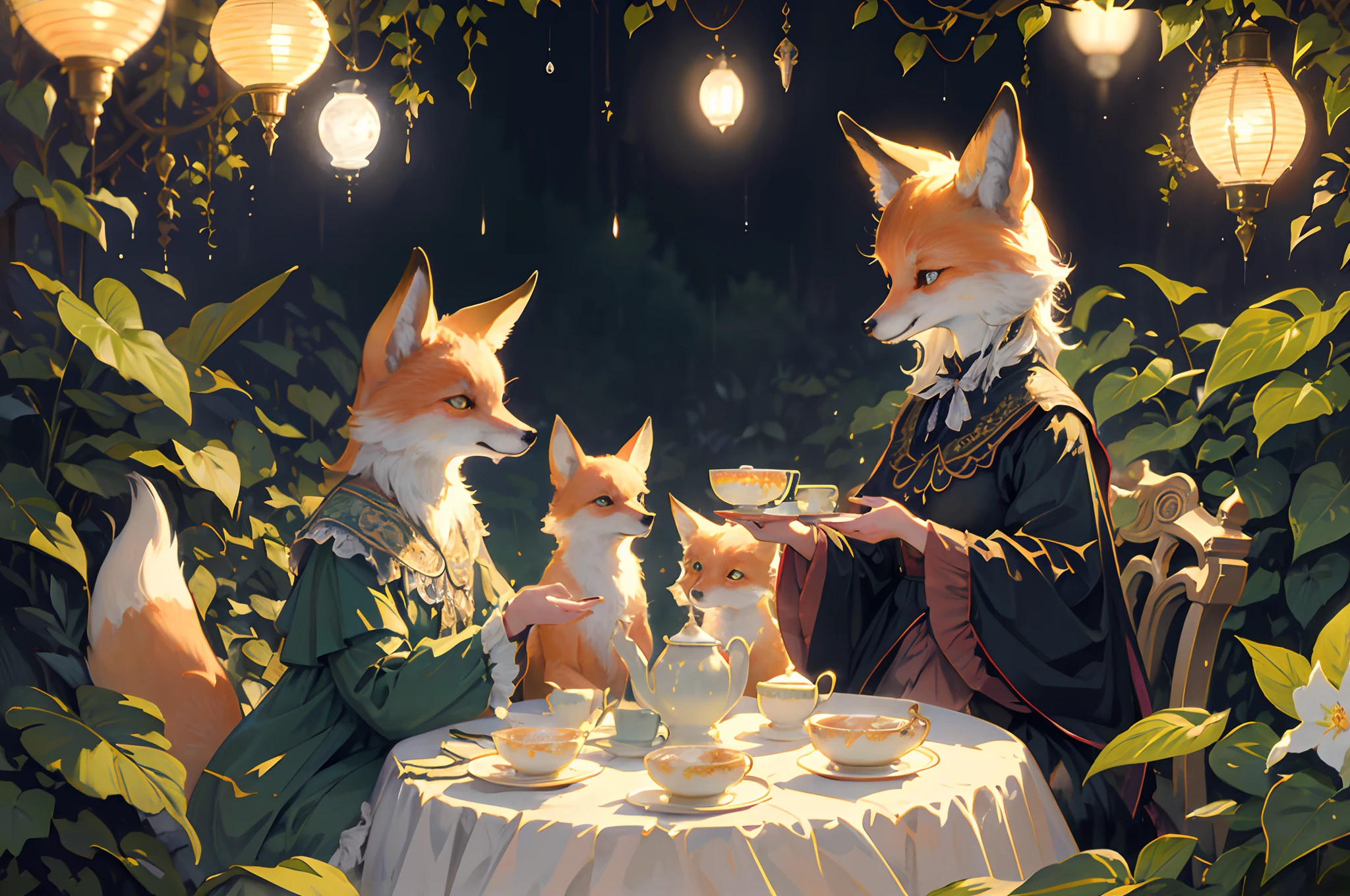 Vintage Victorian style　Precise vintage encyclopedia (best quality:1.2), (detailed:1.2), (masterpiece:1.2), vintage illustrations of foxes having a tea party at night, botanical, iridescent light, raindrops, moonlight, light garlands, moonflowers