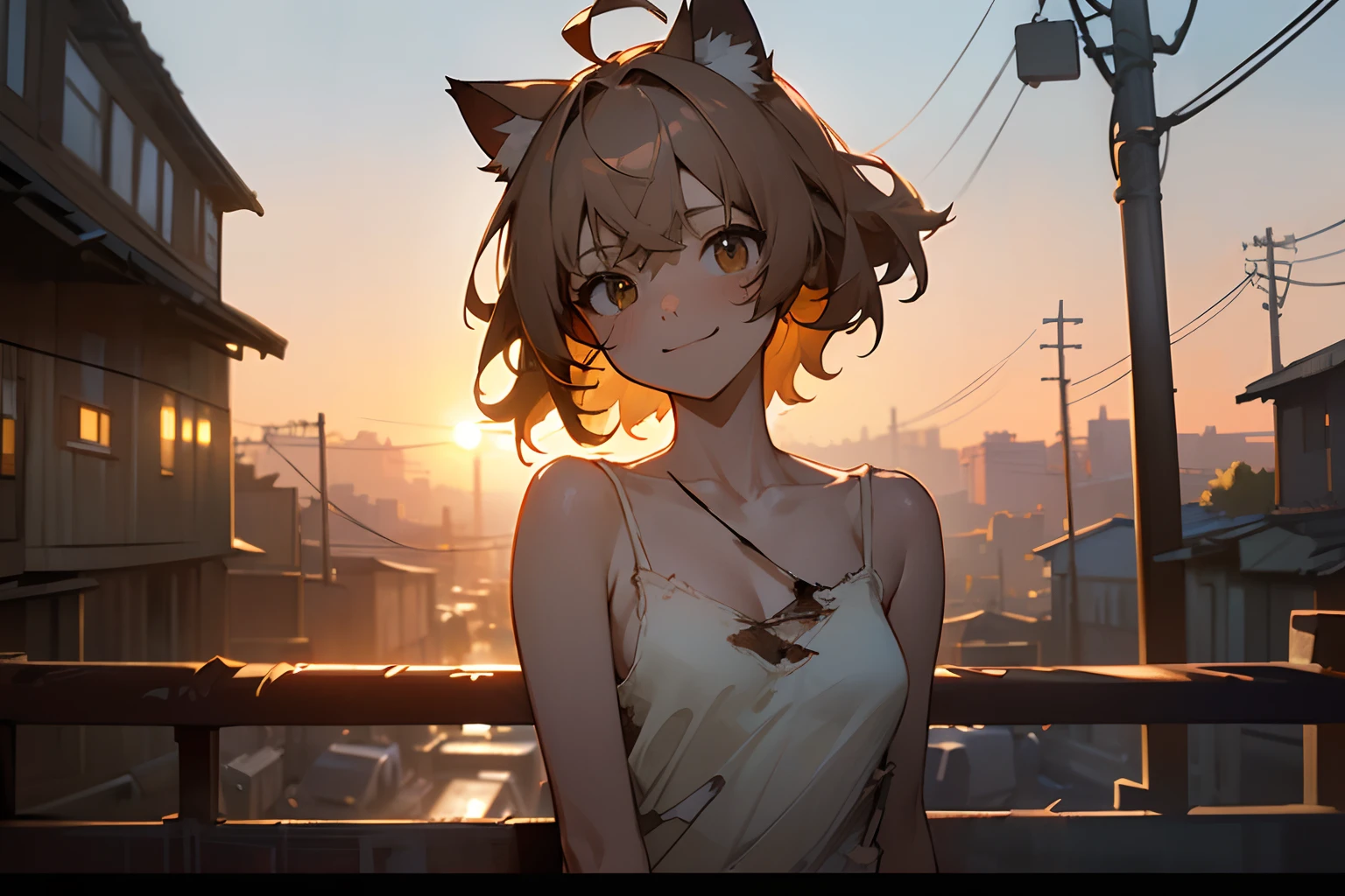 ((Masterpiece)), 8K, cinematic lighting, very messy hair,(portrait, narrow lane, sunset), (exposed breast, tattered and torn dirty oversized white-camisole, Slender small breasts,big cute smile), slum townscape, Textured skin, cat ears, pale brown hair, Cute Beautiful girl
