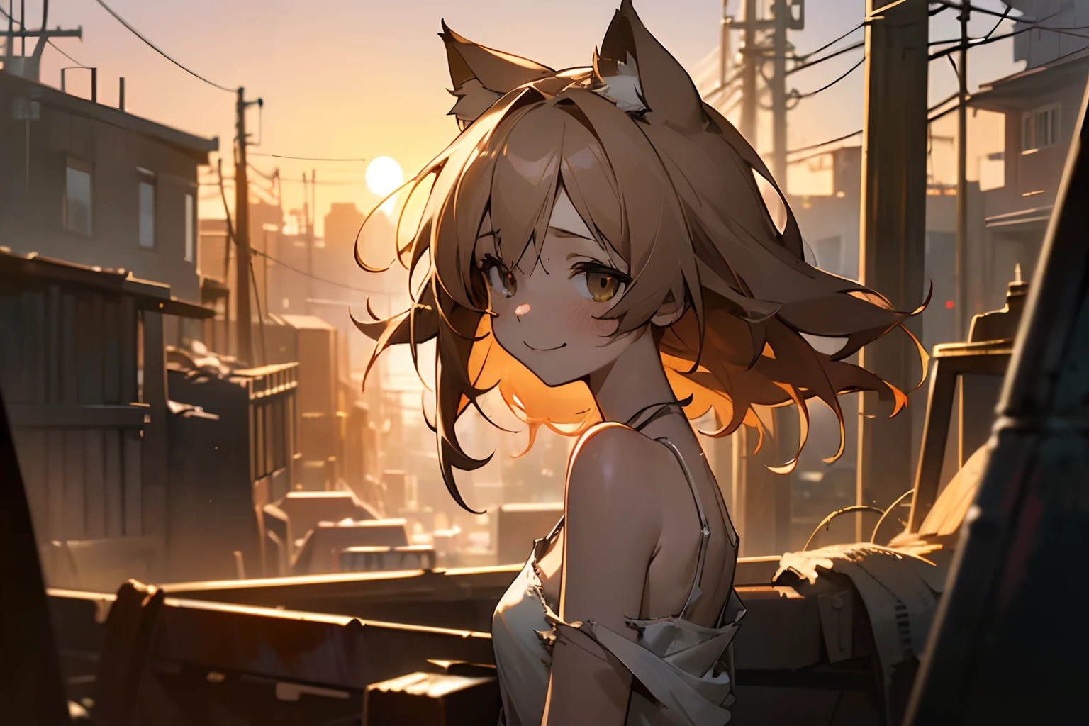 ((Masterpiece)), 8K, cinematic lighting, very messy hair,(portrait, narrow lane, sunset), (exposed breast, tattered and torn dirty oversized white-camisole, Slender small breasts,big cute smile), slum townscape, Textured skin, cat ears, pale brown hair, Cute Beautiful girl