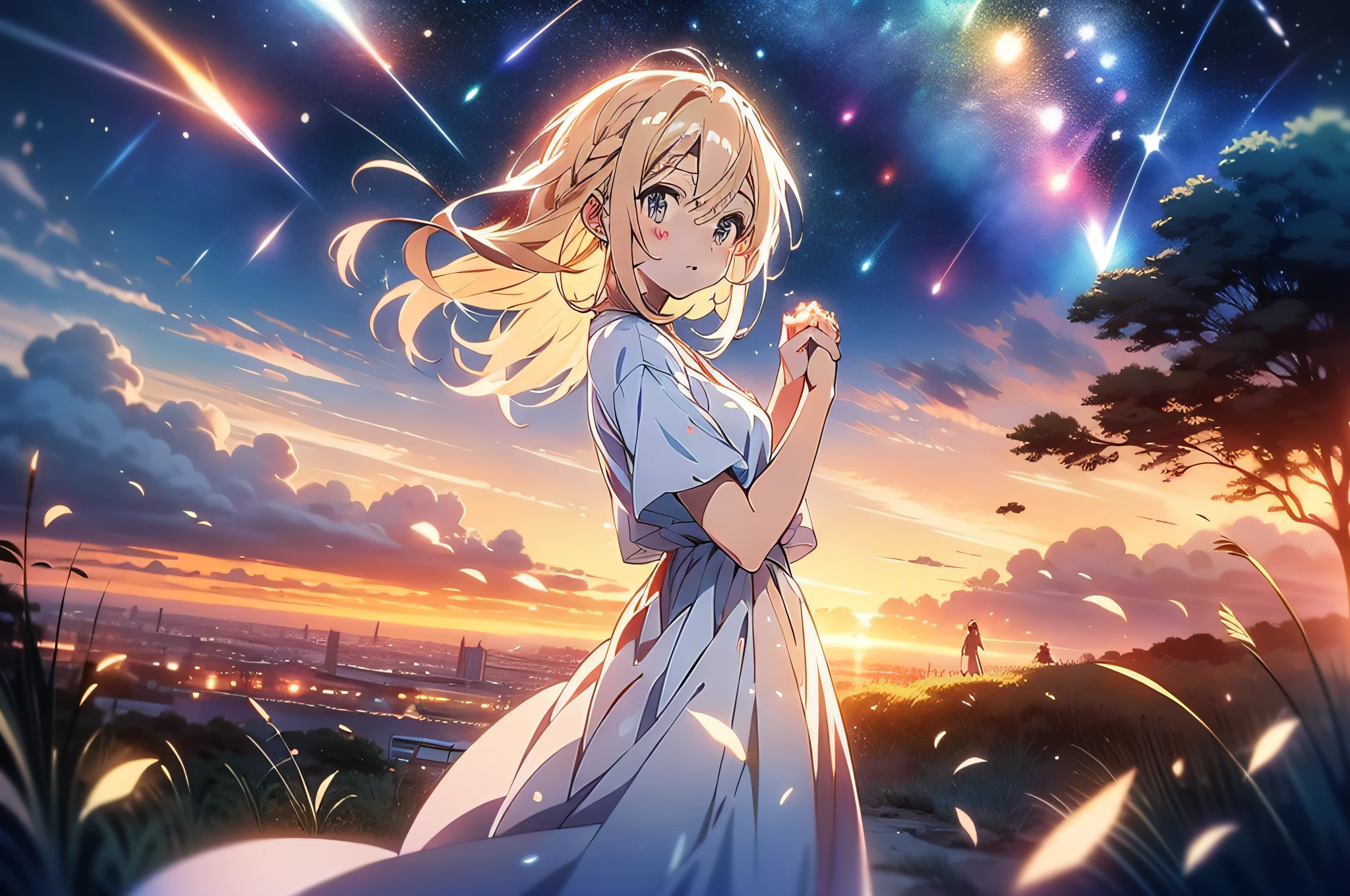 in 8K、top-quality、masterpiece、ultra-detailliert、Ultra-high resolution、(((Anime style)))、Women: 2、fullnude、a blond、Night sky on background、comets、Holding hands face to face、closing eye、doa