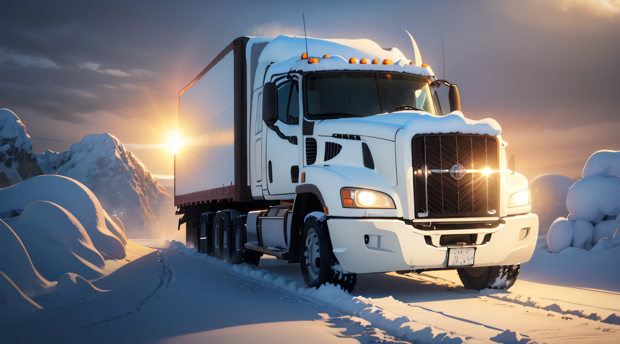 Alaskan Truck driving in thick snow with heavy snow fall with a beautiful sun in background in 4k