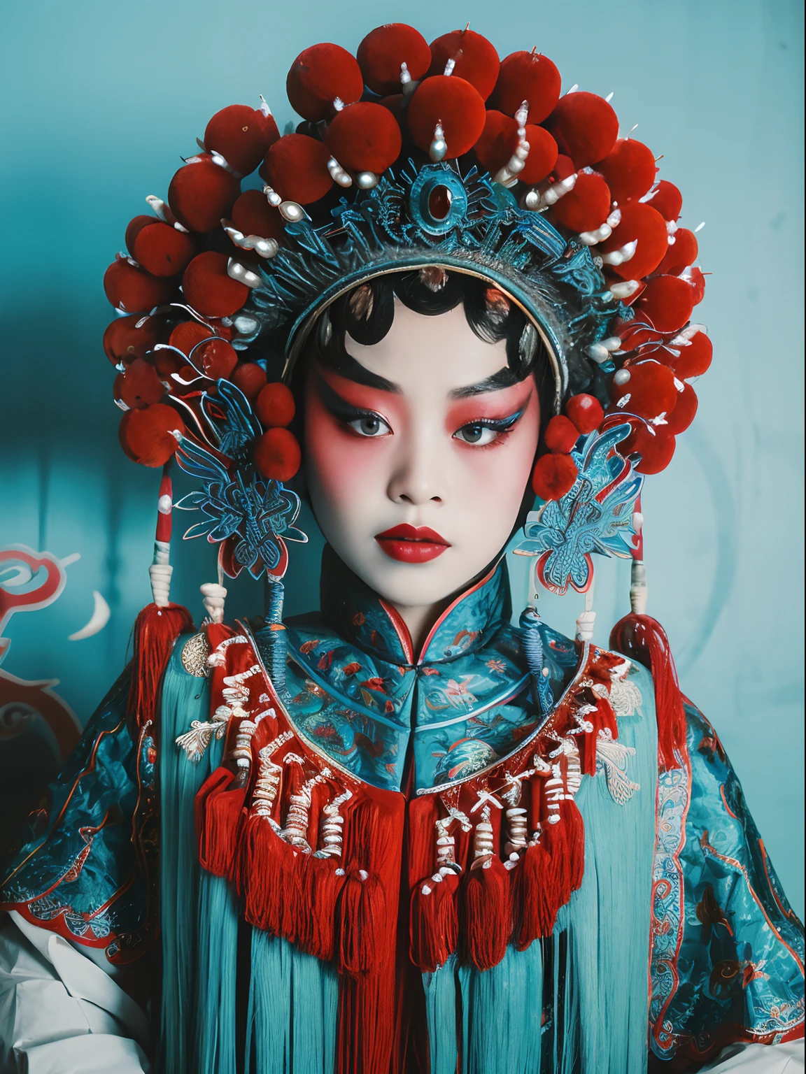 8K，Portrait Photogram，Shocking，movie picture quality，。CNOperaCrown， From the front， looking at viewert， Beautiful makeup，Detailed portrayal of the face。Exquisite headdress， （（（CNOperaFlag）））， Gorgeous costumes， nipple tassels。Chinese red，cloisonne