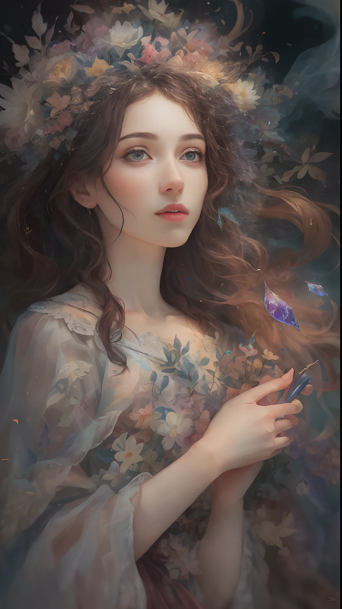 (Best quality, 4K, 8K, A high resolution, Masterpiece:1.2), Ultra-detailed, Realistic portrait, Beautifully detailed eyes, beautiful detailed lips, Detailed expression, Graceful posture, subtly lit, Dreamy atmosphere, Dark-toned background, expressive brush strokes, mystical ambiance, Artistic interpretation, Stunning Studio Ghibli style costumes, a whimsical illustration, Subtle colors and tones, mystical aura, Resonate with witches.