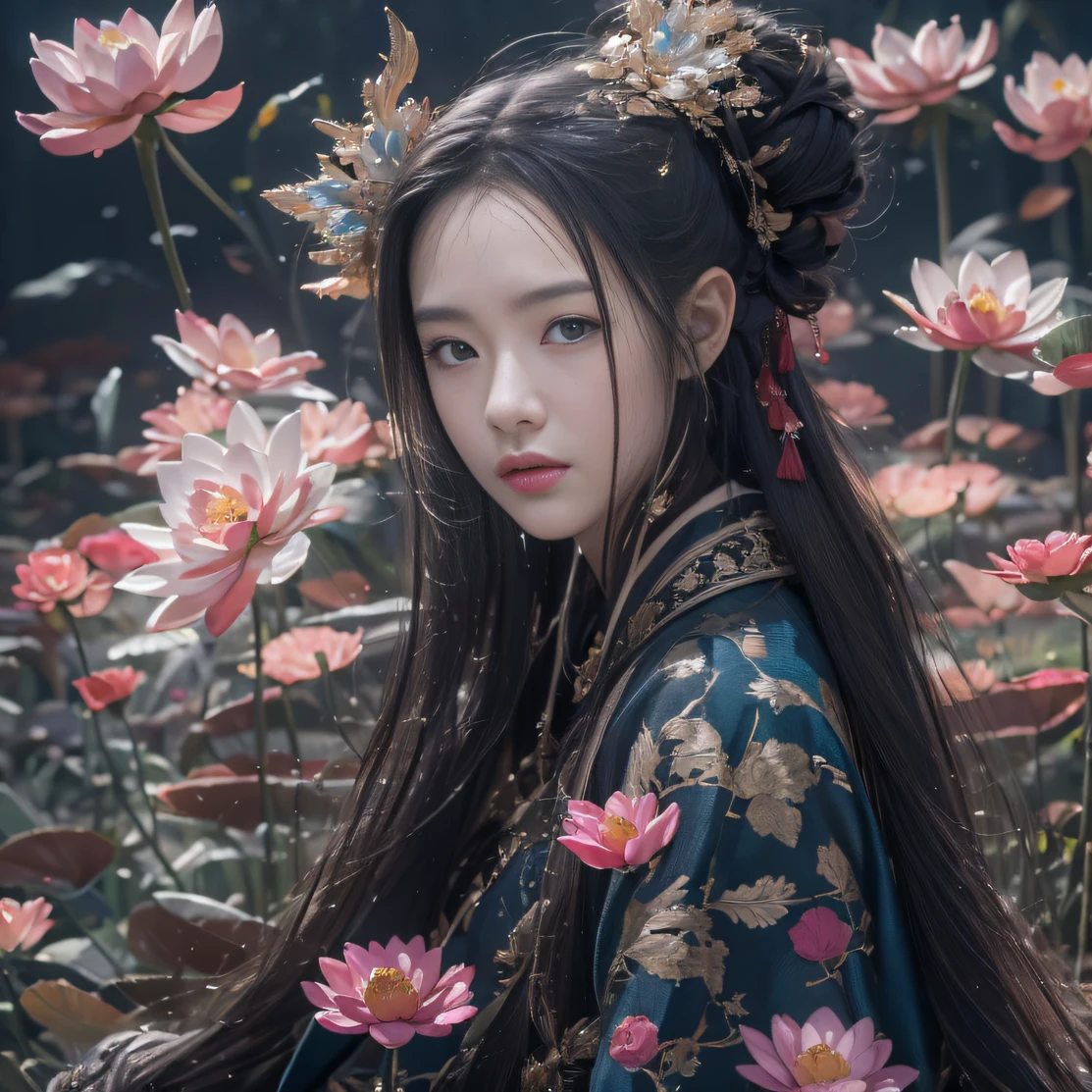 32K(tmasterpiece,k hd,hyper HD,32K)Long flowing black hair,ponds,zydink, a color, Aozhou people (Concubine girl), (Silk scarf), Combat posture, looking at the ground, long whitr hair, Floating hair, Carp pattern headdress, Chinese long-sleeved clothing, (abstract ink splash:1.2), Pink petal background,Pink and white lotus flowers fly(realisticlying:1.4),Black color hair,Fallen leaves flutter,The background is pure, A high resolution, the detail, RAW photogr, Sharp Re, Nikon D850 Film Stock Photo by Jefferies Lee 4 Kodak Portra 400 Camera F1.6 shots, Rich colors, ultra-realistic vivid textures, Dramatic lighting, Unreal Engine Art Station Trend, cinestir 800,Long flowing black hair,Denim skirt