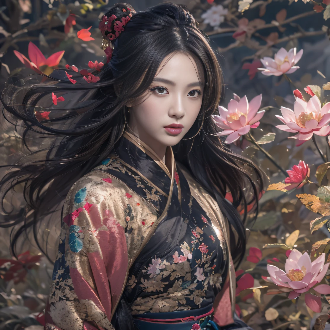 32K（tmasterpiece，k hd，hyper HD，32K）Long flowing black hair，ponds，zydink， a color， Aozhou people （Concubine girl）， （Silk scarf）， Combat posture， looking at the ground， long whitr hair， Floating hair， Carp pattern headdress， Chinese long-sleeved clothing， （abstract ink splash：1.2）， Pink petal background，Pink and white lotus flowers fly（realisticlying：1.4），Black color hair，Fallen leaves flutter，The background is pure， A high resolution， the detail， RAW photogr， Sharp Re， Nikon D850 Film Stock Photo by Jefferies Lee 4 Kodak Portra 400 Camera F1.6 shots, Rich colors, ultra-realistic vivid textures, Dramatic lighting, Unreal Engine Art Station Trend, cinestir 800，Long flowing black hair，Denim skirt