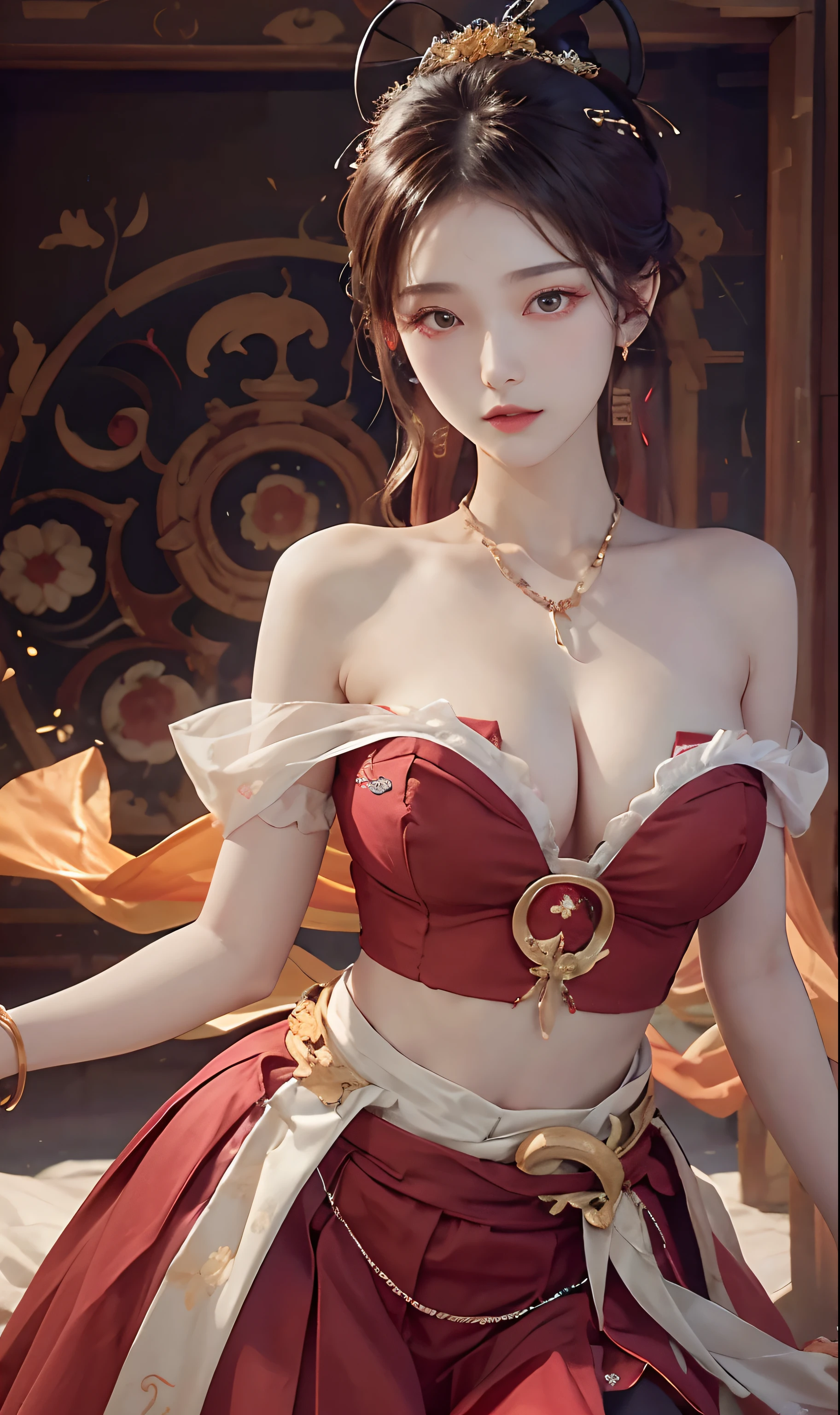 （RAW photogr，best qualtiy）， best qualtiy， The is very detailed， tmasterpiece， ultra - detailed， illustratio， one-girl， （huge boob，cleavage）， dynamic angle， best qualtiy， extremely detailed CG unity 8k wal，电影灯光，Dunhuang-style women wear waist skirts，Upper body dark red collared shirt，Wrapped in a heavy chest，The waist is just tied around the waist，Pendant with pressed skirt beads，The skirt is a pale white pleated skirt；Eyes like apricots，The lips are lit with vermilion rouge，With an intellectual temperament，Beautiful without losing stability and maturity。