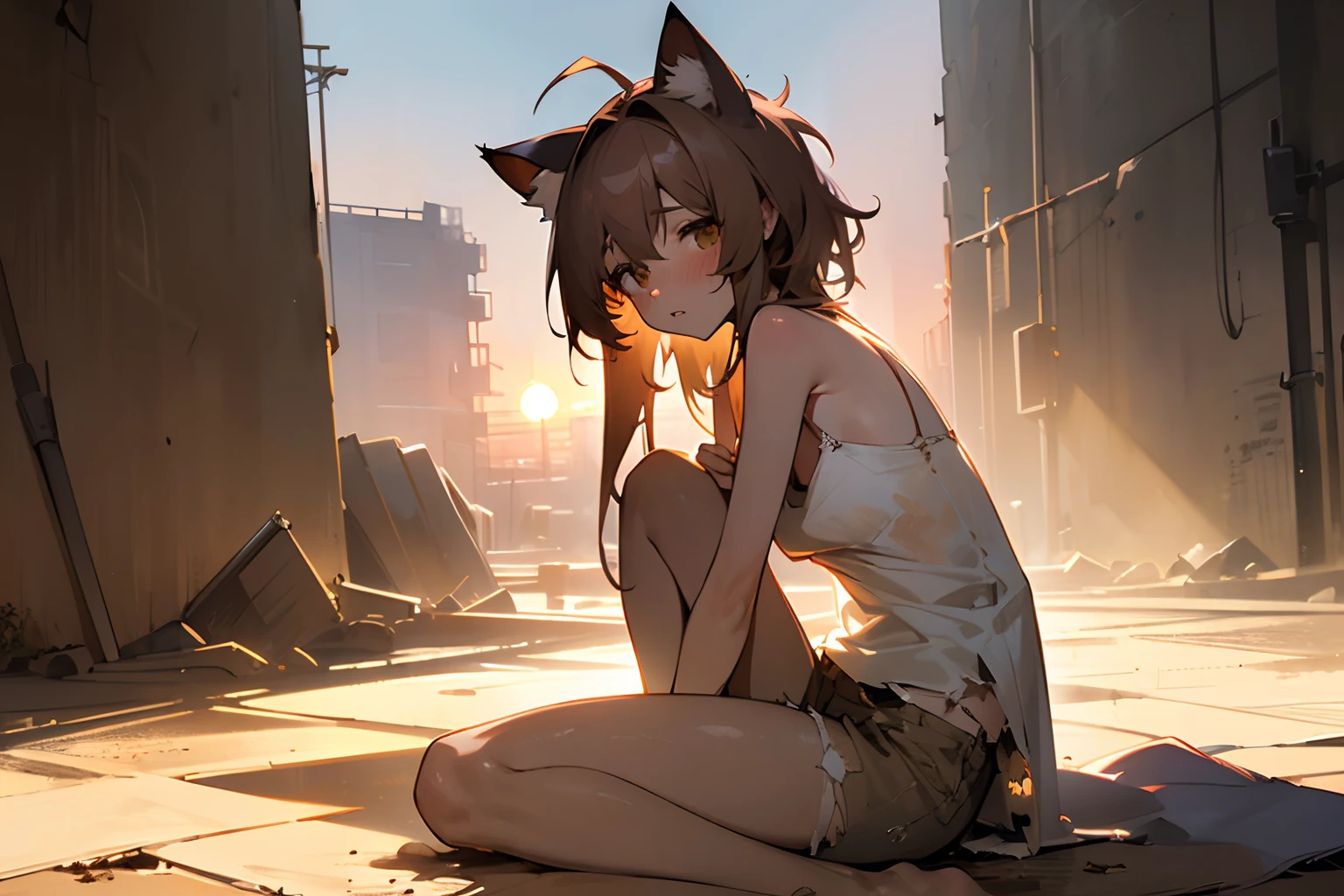 masterpiece, best quality, absurdres, two heads, conjoined, 1girl, cat ears, shirt, shorts, city background, smile
