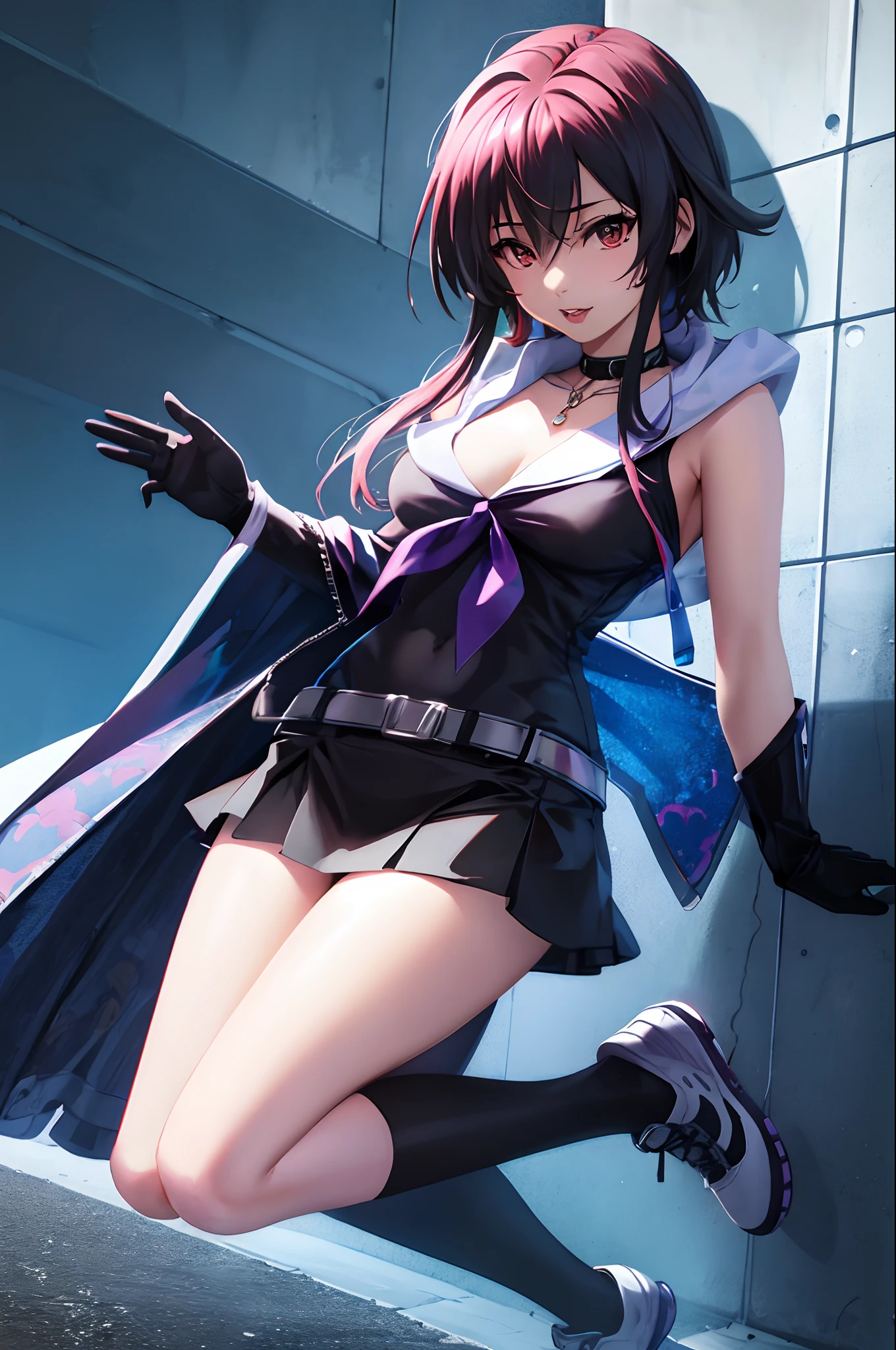 (Best quality, Ultra-detailed, Photorealistic:1.37), 3D anime style girl with red staright hair, A girl with beautiful and delicate facial features and long eyelashes, Intense red eyes that reflect light, lusciouslips, Multi-colored crystal necklace, Black school uniform with short skirt, Clear black border thigh stockings, Perfect figure, full body shot of, Shot in ultra-wide angle anime style photography, riyaz grameri high school dxd