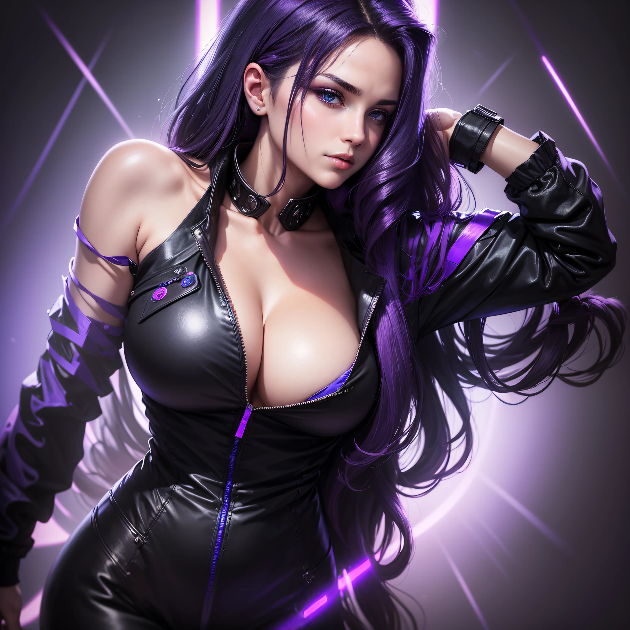 ((masterpiece)), ((realistic)), single portrait of a beautiful woman wearing a black military jacket, deep cleavage, long wavy black hair with purple and blue neon highlights and lighting, detailed sensual face, plain black background, purple and blue neon lighting