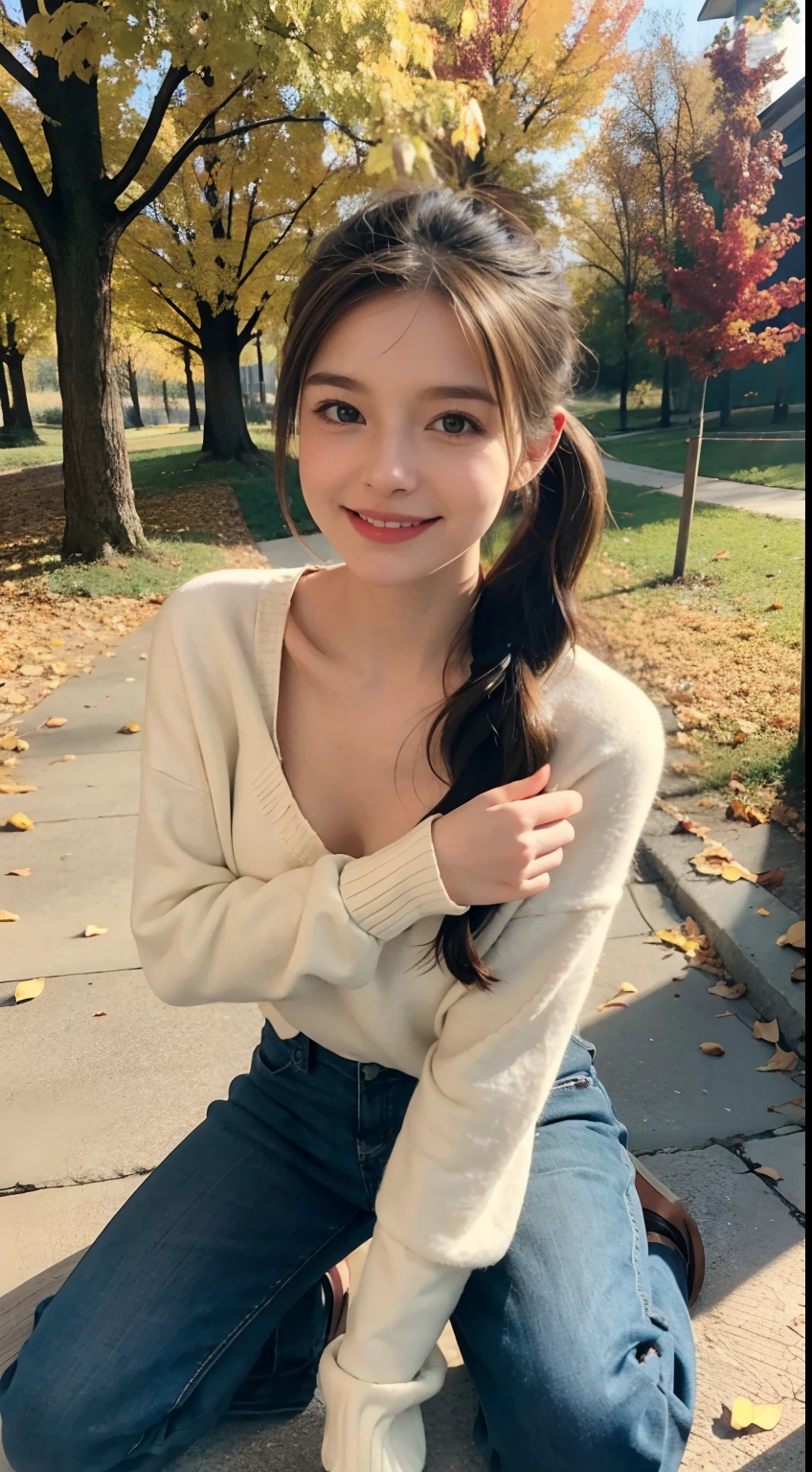 1 pretty girl,white skinned,brown hair,looking at viewer, beautiful medium chest, Russia, pony tail, happy smile, kneeling, autumn vibe