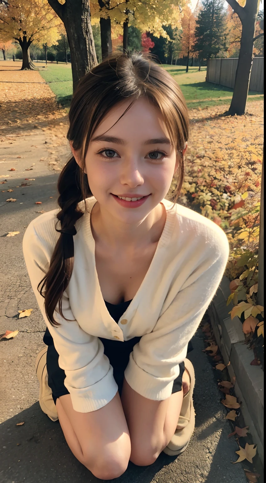 1 pretty girl，white skinned，brown  hair，looking at viewer, beautiful medium chest, Russia, pony tail, happy smile, kneeling, autumn vibe