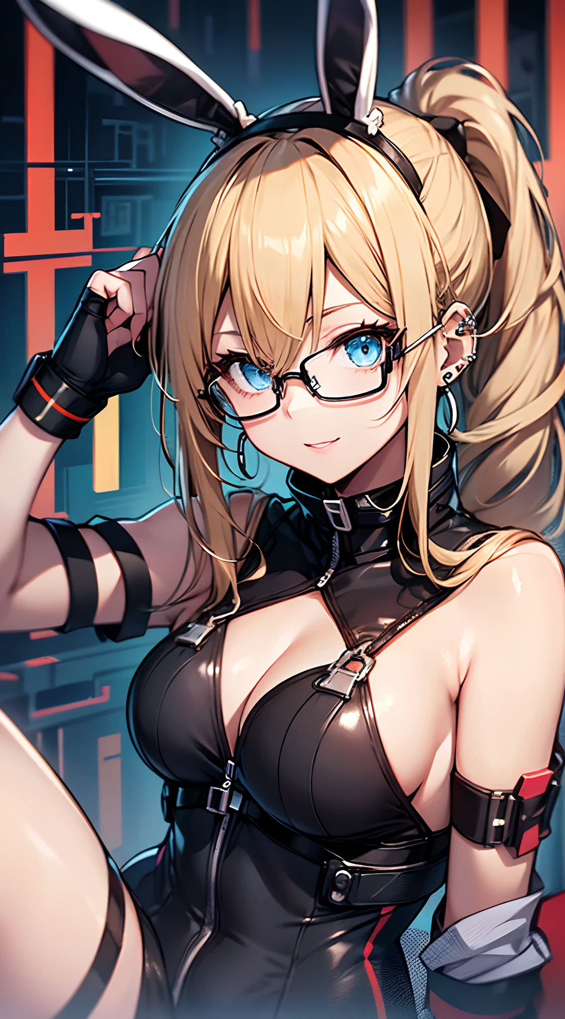top-quality、Top image quality、masterpiece、girl with((18year old、bunnysuit:1.6、Bust 90、a blond、disheveled ponytail、Blue eyes、open chest wide、Happiness、Black wristband on wrist、eye glass、Ear-piercing))、A slender、hiquality、visualart、Background with((bars))、masutepiece