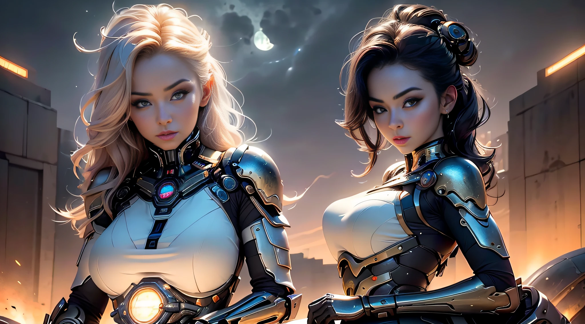 Beautiful woman with blond hair and blue eyes。Facial details。Beautiful couple。through nasal muscles。Full lips。She wore a metallic scarlet suit，Perfect fit.。Wearing a transformation belt on the waist like Kamen Rider.。Giant space battleship moving forward in outer space with woman in the background。８KImage Quality。masterpiece