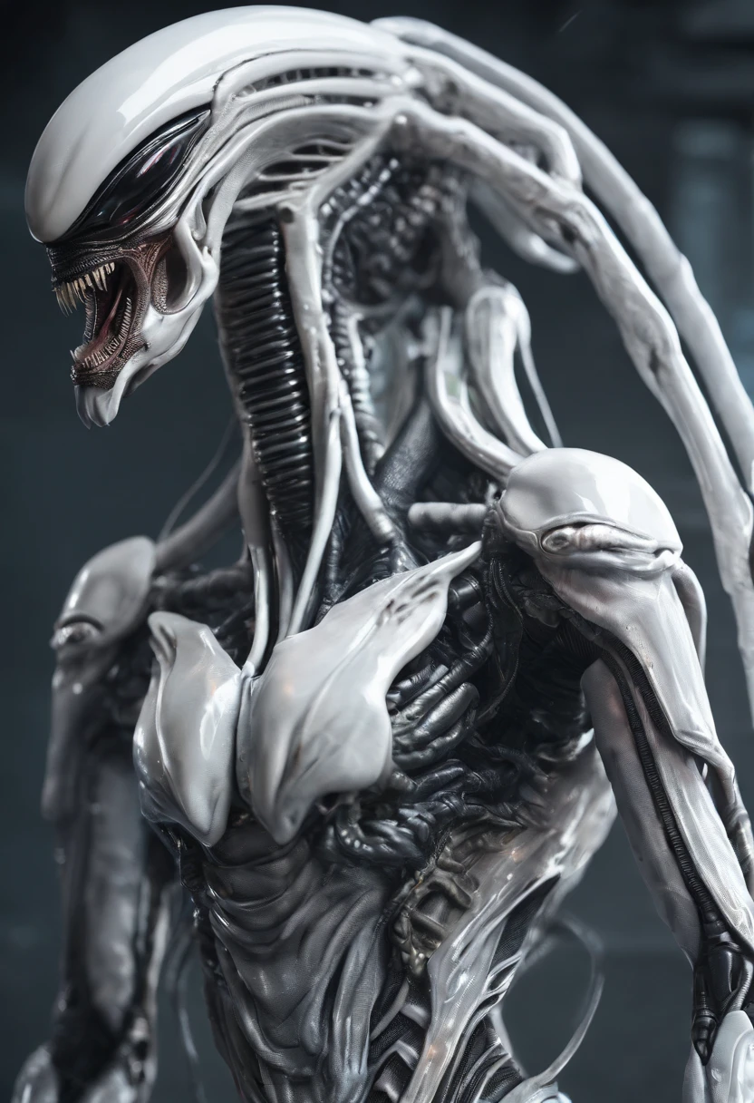  ((best quality)), ((masterpiece)), (detailed), an alien creature, (hr giger inspired), (velociraptor form), pale, milk-white skin, translucent skin, smooth skin texture like a dolphin, no hair, (head like a porpoise), round head, (bulbous head), (xenomorph head), (atrophied eye sockets), (smooth face), (bright prominent gums), (a long tongue like an elephant trunk coming out of the mouth with a squid-like beak at the tip), (protrusions along a skeletal ridged back), (breathing holes on the chest), elongated limbs, a tail that splits into three tentacles, (tentacles with spikes instead of suckers), (walking on long skinny arms), where the legs would be is another set of arms that are used for grabbing, H R Giger, Clive Barker's The Thing, xenomorph, predator, Engineer, dinosaur, sci fi horror, cosmic horror 