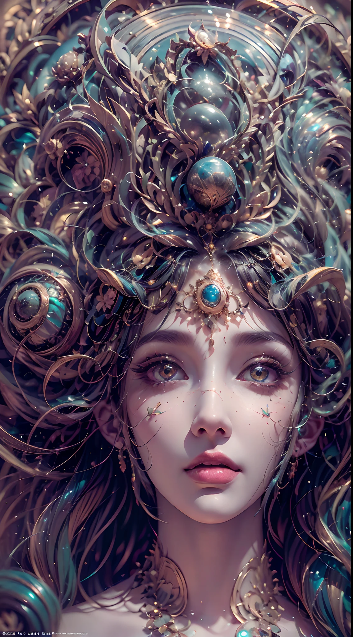 （best qualtiy，ultra - detailed，Most Best Illustration，Best shadow，tmasterpiece，A high resolution，professionalartwork，famousartwork），Detailed eyes，beautidful eyes，closeup cleavage，sci-fy，colored sclera，Robot eyes，face markings，Tattooed with，（fractalized，Fractal eyes），largeeyes，Wide eyes，（Eye focus），sface focus，Cosmic eyes，Space eyes，Close-up of metal sculpture of a woman with a moon in her hair，goddes。extremly high detail，3 d goddess portrait，Extremely detailed footage of the goddess，a stunning portrait of a goddess，Side image of the goddess，portrait of a beautiful goddess，Full body close-up portrait of the goddess，hecate goddess，portrait of a norse moon goddess，goddess of space and time