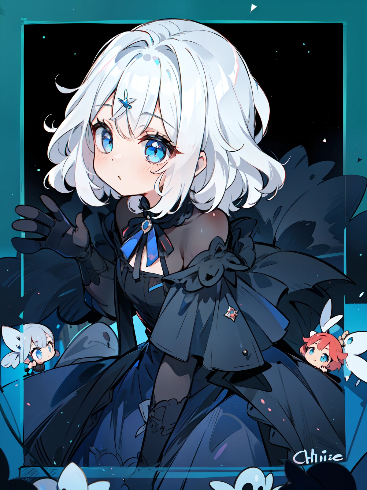 1 girl in、((Chloe Dapsché:1.2))、Silvery hair、Hair to the shoulders、((Bob Katt waving))、Wavy Hair、Blue eyes、cute little、Black Dress、Black dress in red color、Leg long dress、Like a doll、black ribbon around neck、((top-quality、masutepiece))