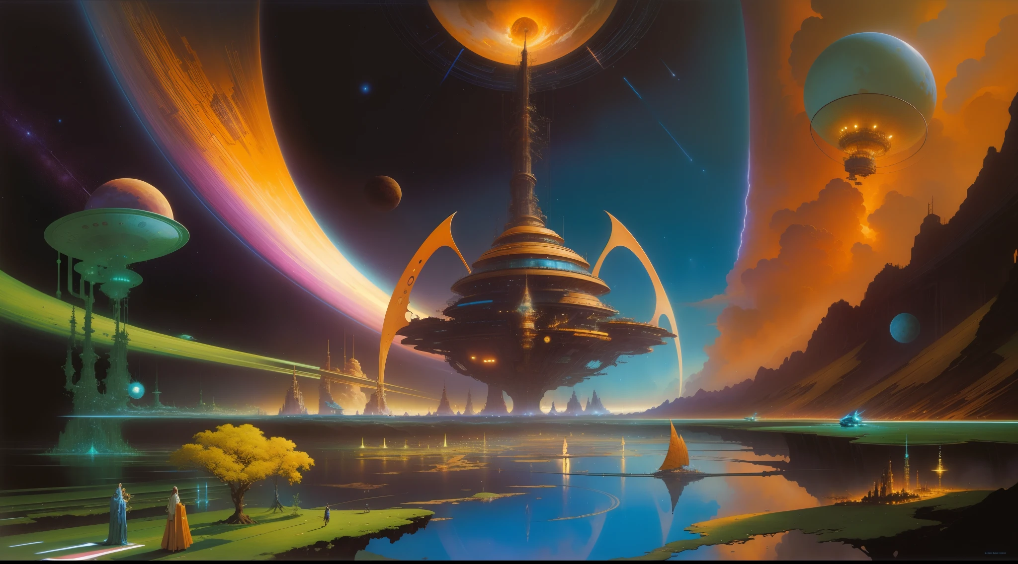 Inspirado en las legendarias obras de PETER ELSON, John Berkey, JIM BURNS, VICENTE DI DESTINO, Chris Foss, ANGUS MCKIE, Ralph McQuarrie, Syd Mead, Boris Vallejo, Frank Frazetta, y ROGER DEAN, This work of art takes us on a journey through an otherworldly musical spectacle. Imagine a magnificent concert hall floating in the cosmos, where ethereal musicians play celestial instruments that emit radiant melodies. The whole scene is illuminated by cosmic lights, creating a mesmerizing symphony of colors and sounds that resonate throughout the universe.