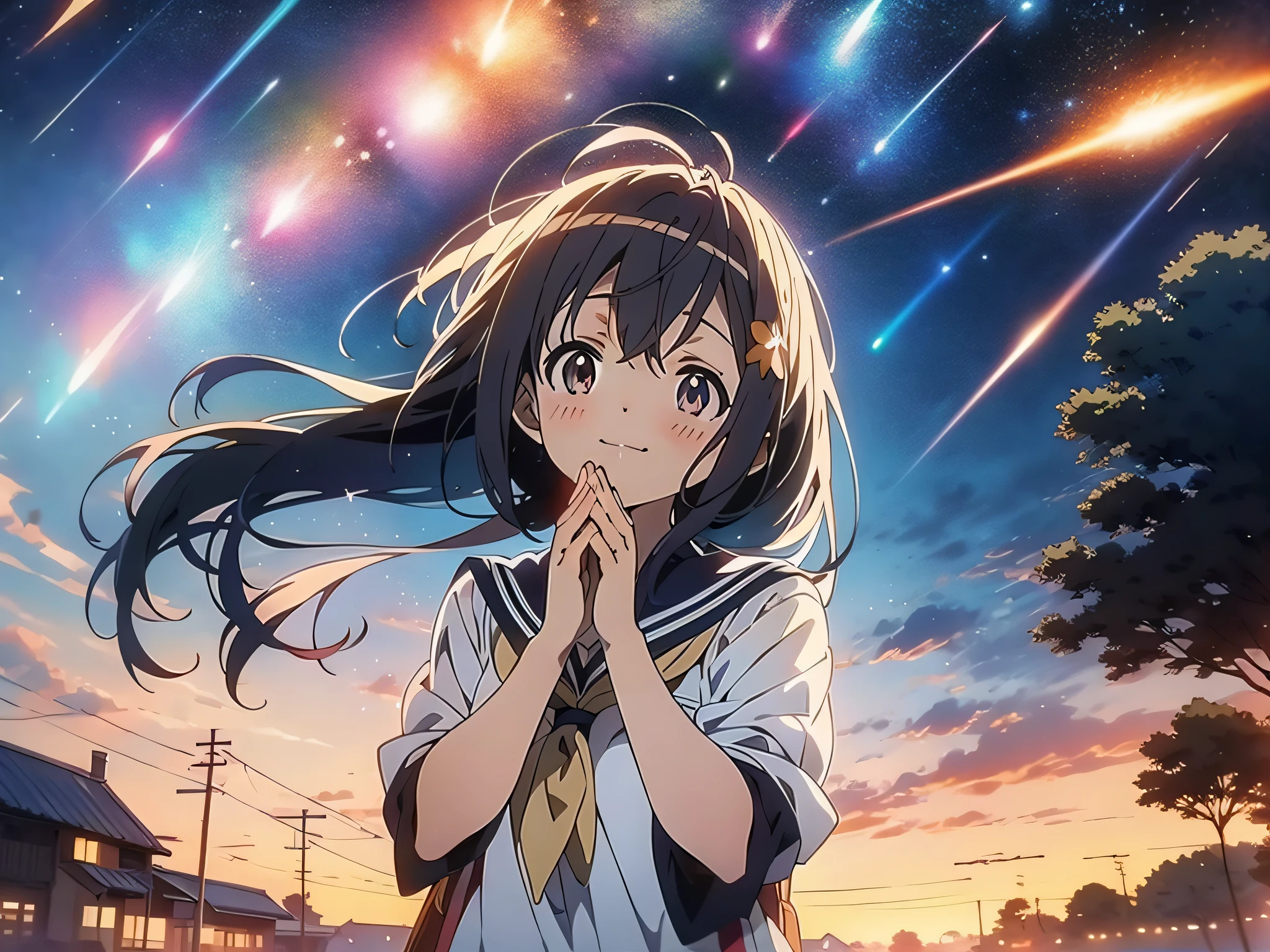 in 8K、top-quality、masterpiece、ultra-detailliert、Ultra-high resolution、(((Anime style)))、1 schoolgirl、poneyTail、校服、Night sky on background、comets、Wish on a shooting star、closing eye、Put your hands together