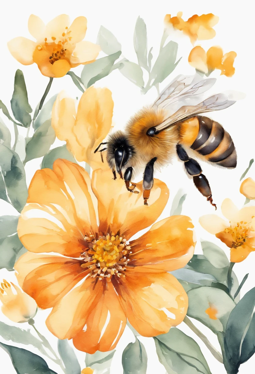 a sticker， honeybee，Small flowers orange and yellow， Beautiful, 1:1, the watercolor style, Wet process and wet process, mute, Indigo, Fabric design, Flat illustration, highly detailed cleaning, Vector image, Masterpiece, professional, isometry, There is a distance，Bright vector, White background, Dry brush, Brush strokes, Painted on canvas, by J.m.Show on the. Turner. Expressive markers.