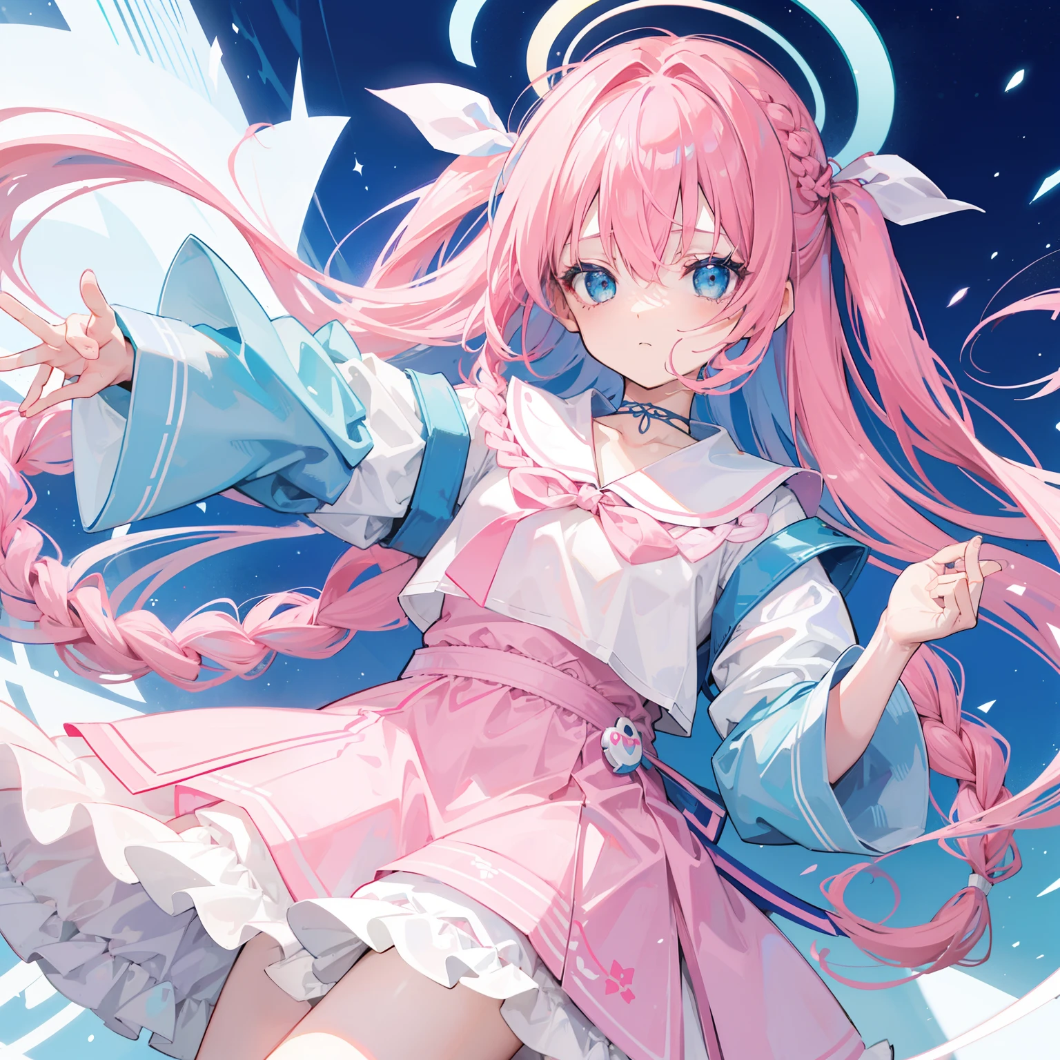 beggar (Blue Archive), Long hair, Pink hair, Green eyes, Pink halo, blue sailor collar,Pink Ribbon Trim, White ribbon, long braid, White Sailor Dress