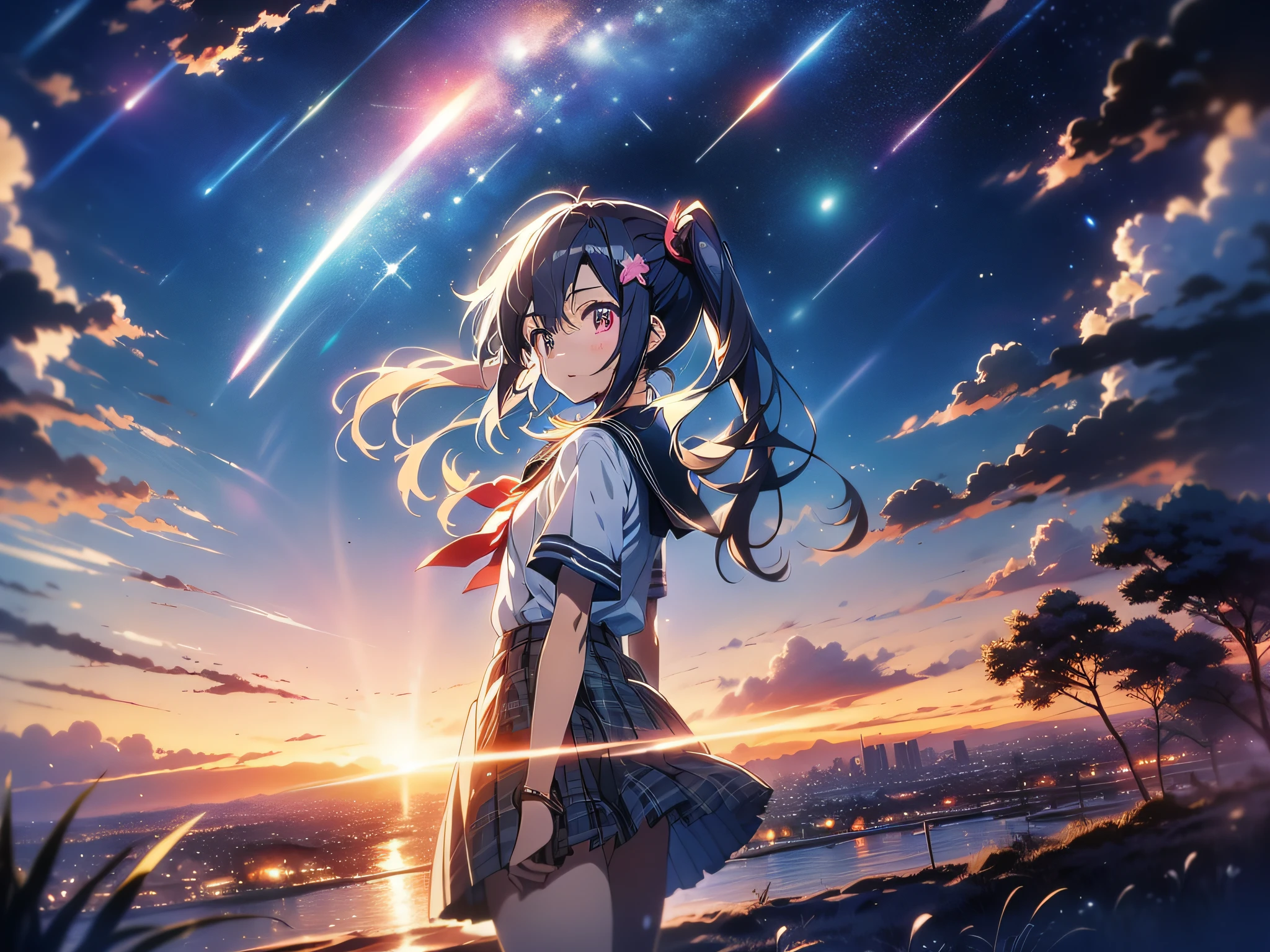 in 8K、top-quality、masterpiece、ultra-detailliert、Ultra-high resolution、(((Anime style)))、1 girl、poneyTail、校服、Night sky on background、comets、Wish on a shooting star