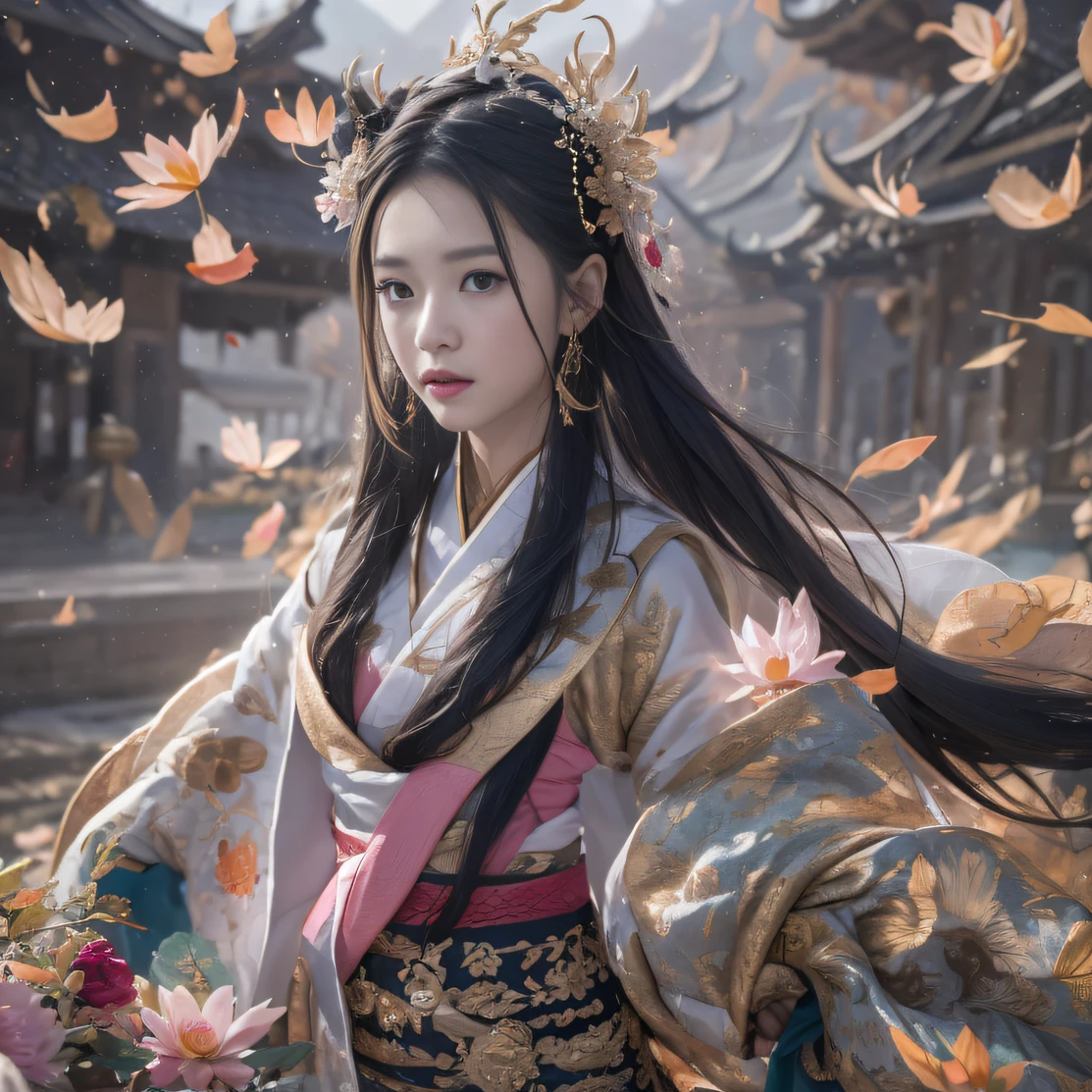 32K（tmasterpiece，k hd，hyper HD，32K）Long flowing black hair，ponds，zydink， a color， Aozhou people （Concubine girl）， （Silk scarf）， Combat posture， looking at the ground， long whitr hair， Floating hair， Carp pattern headdress， Chinese long-sleeved clothing， （abstract ink splash：1.2）， Pink petal background，Pink and white lotus flowers fly（realisticlying：1.4），Black color hair，Fallen leaves flutter，The background is pure， A high resolution， the detail， RAW photogr， Sharp Re， Nikon D850 Film Stock Photo by Jefferies Lee 4 Kodak Portra 400 Camera F1.6 shots, Rich colors, ultra-realistic vivid textures, Dramatic lighting, Unreal Engine Art Station Trend, cinestir 800，Long flowing black hair，Denim skirt