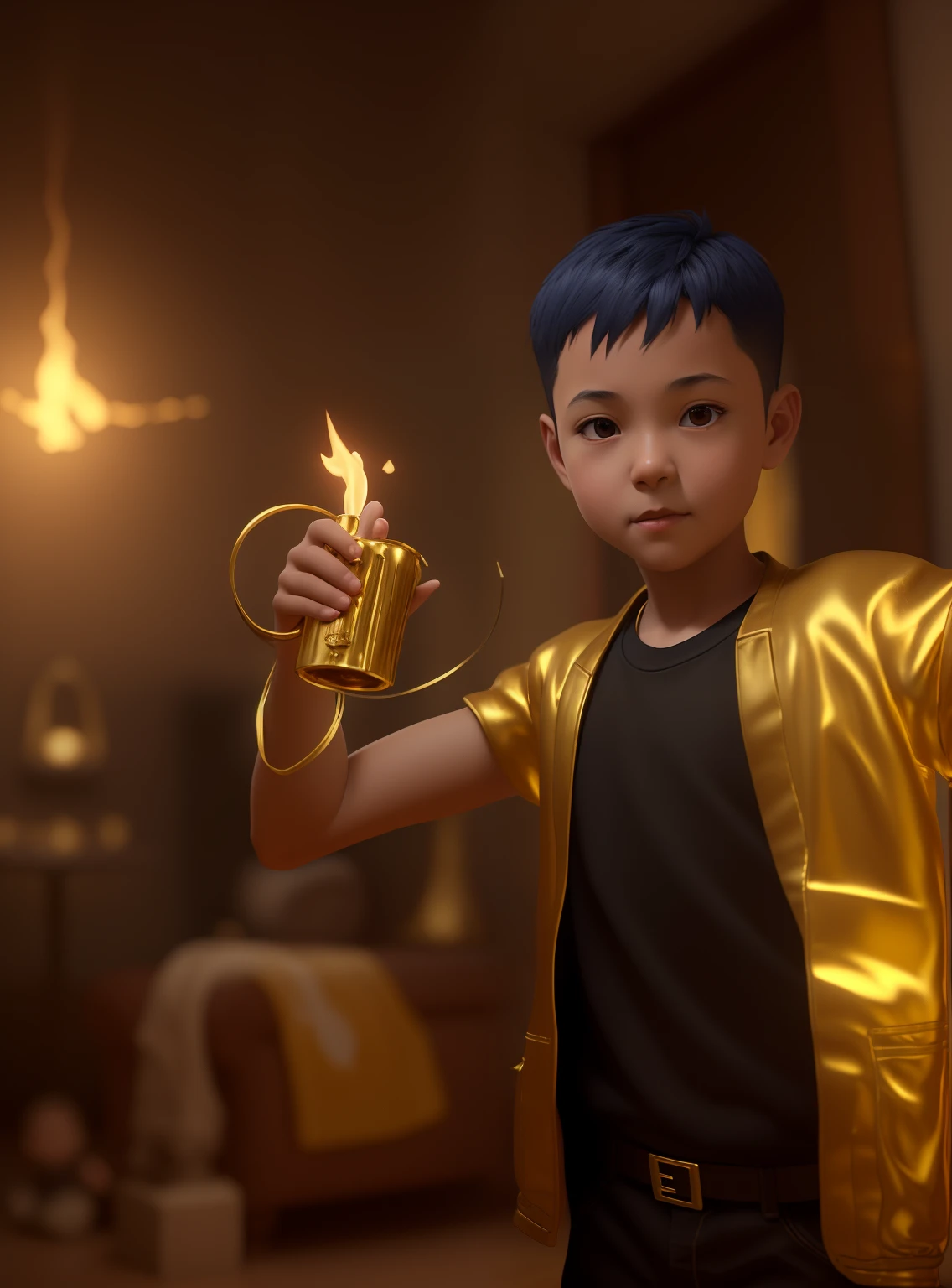 there is a young boy holding a pair fire in his hand, a boy made out of gold, childrens art in artstation, rendered in corona, small character. unreal engine 5, 3 d render character art 8 k, rendered in unreal engine 5, rossdraws volumetric lighting, 8 k cg render, holding gold, rendered in 8 k unreal engine