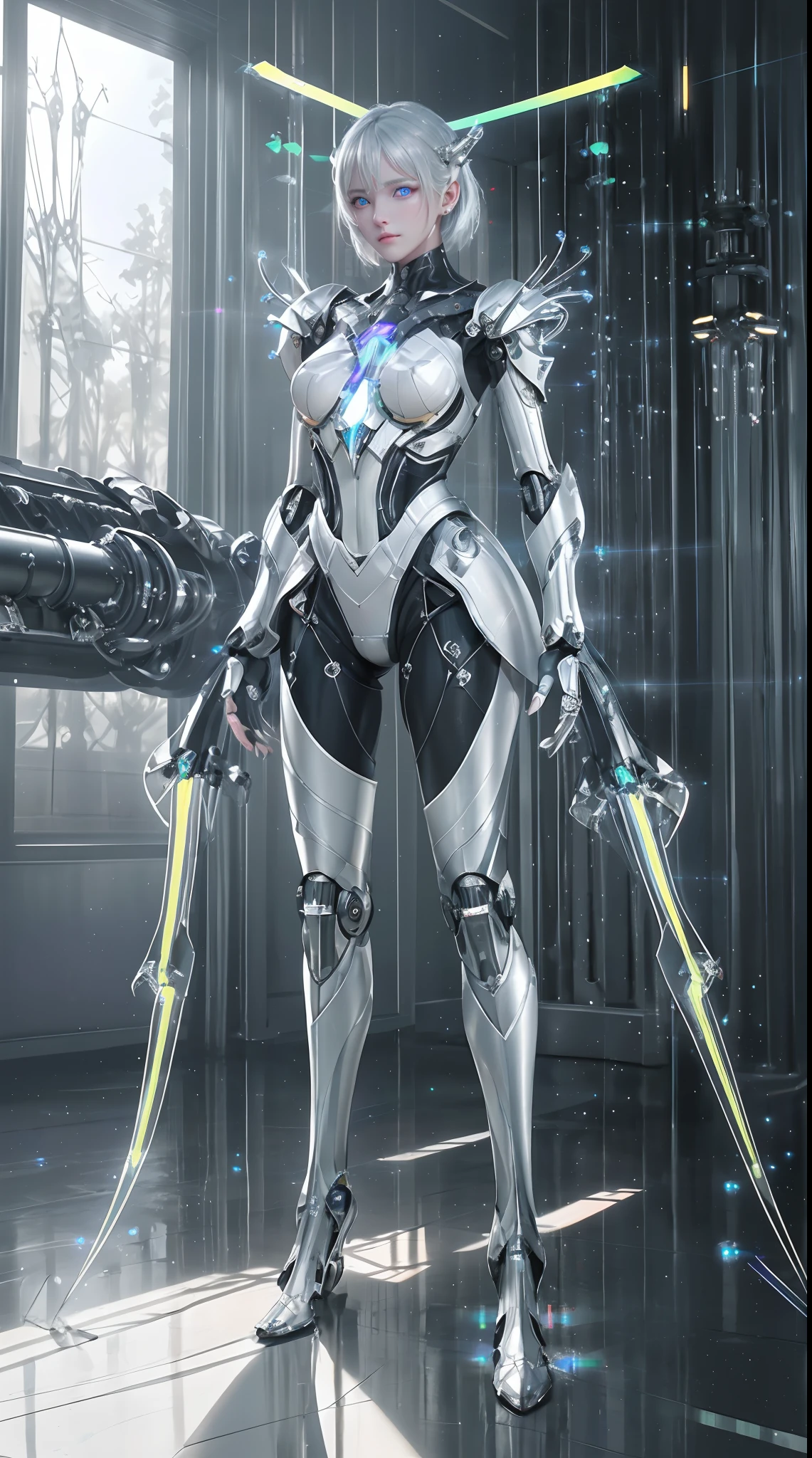 (from front:1.5), (1mechanical girl:1.5),full body, solo, Slim waist, thick thighs, (machine made joints:1.2),(machanical limbs:1.1),(blood vessels connected to tubes),(mechanical vertebra attaching to back),(mechanical cervial attaching to neck), lights on armor, mecha headglass, (Luminous Arms:1.5), (laser eyes:1.5), expressionless, huge breast,
colorful,hdr, ray tracing, nvidia rtx, super-resolution, unreal 5, subsurface scattering, pbr texturing, post-processing, anisotropic filtering, depth of field, maximum clarity and sharpness, rule of thirds, 16k raw, (luminescent particles:1.4), extremely detailed cg, unity 8k wallpaper, 3d, cinematic lighting, lens flare, reflections, sharp focus, cyberpunk art, realistic, highly detailed CG illustration, an extremely delicate and beautiful, cinematic light, (photorealistic:1.5), (Dark background:1.5),dynamic angle, masterpiece, best quality, ultra-detailed, illustration, detailed light, dramatic_shadow,face shadow,extra detailed,best performance,