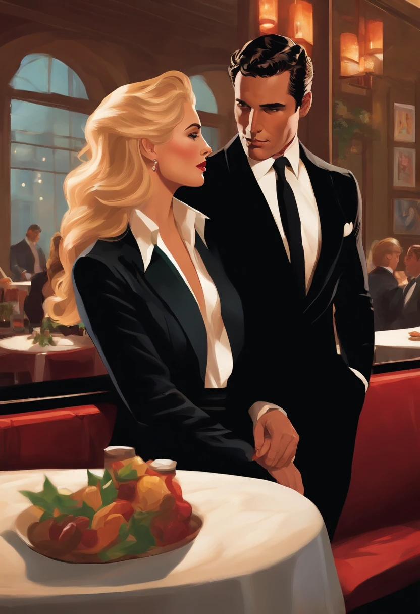 Bruce Wayne, a handsome man wearing a black suit, attractive without a beard, strong facial features, a woman with blond hair wearing a black jacket and transparent pants that show skin, making love in a restaurant