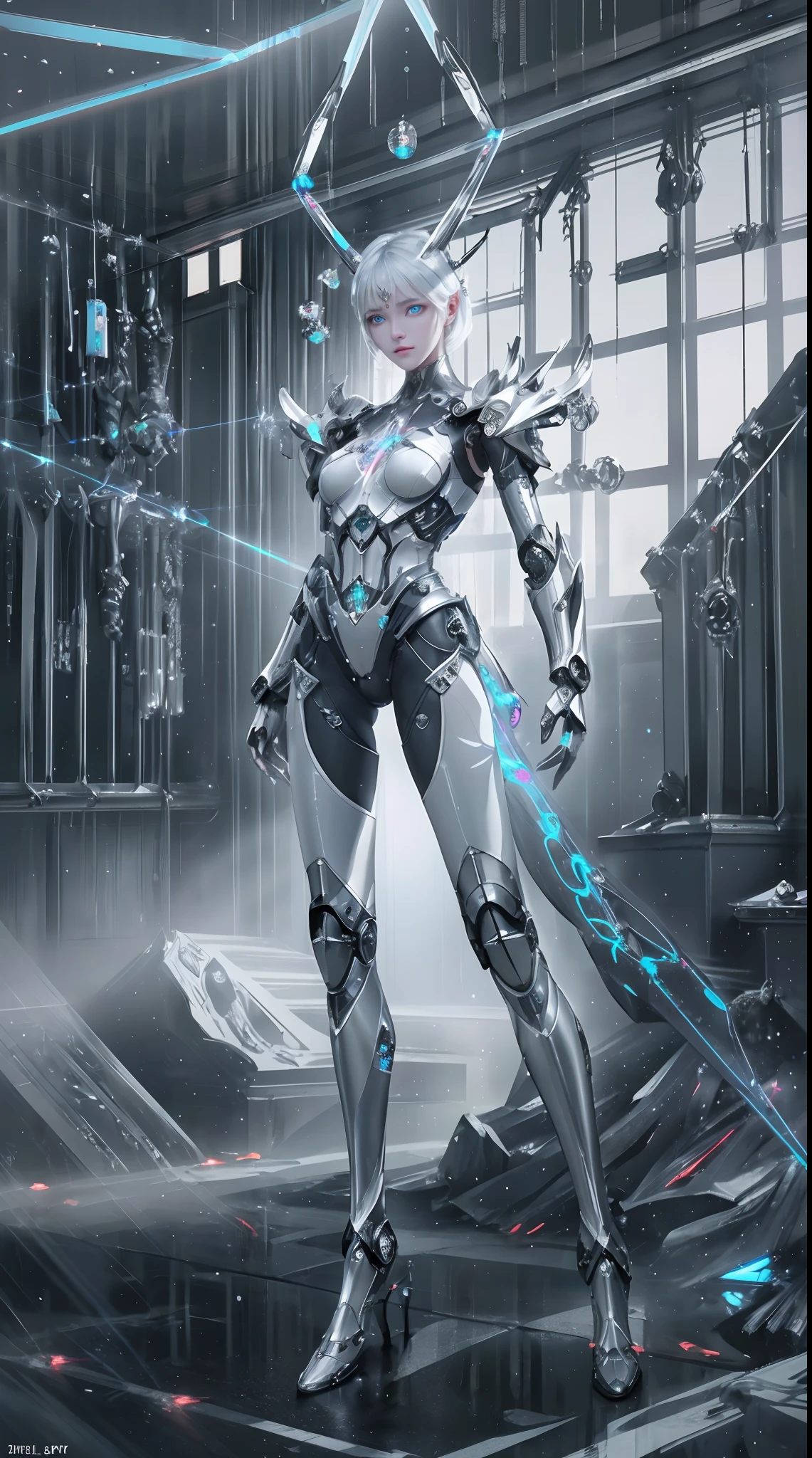 (from front:1.5), (1mechanical girl:1.5),full body, solo, Slim waist, thick thighs,  (machine made joints:1.2),(machanical limbs:1.1),(blood vessels connected to tubes),(mechanical vertebra attaching to back),(mechanical cervial attaching to neck), lights on armor, mecha headglass, (Luminous Arms:1.5), (laser eyes:1.5), expressionless, huge breast, 

colorful,hdr, ray tracing, nvidia rtx, super-resolution, unreal 5, subsurface scattering, pbr texturing, post-processing, anisotropic filtering, depth of field, maximum clarity and sharpness, rule of thirds, 16k raw, (luminescent particles:1.4), extremely detailed cg, unity 8k wallpaper, 3d, cinematic lighting, lens flare, reflections, sharp focus, cyberpunk art,  realistic, highly detailed CG illustration, an extremely delicate and beautiful, cinematic light, (photorealistic:1.5), (Dark background:1.5),dynamic angle, masterpiece, best quality, ultra-detailed, illustration, detailed light, dramatic_shadow,face shadow,extra detailed,best performance,