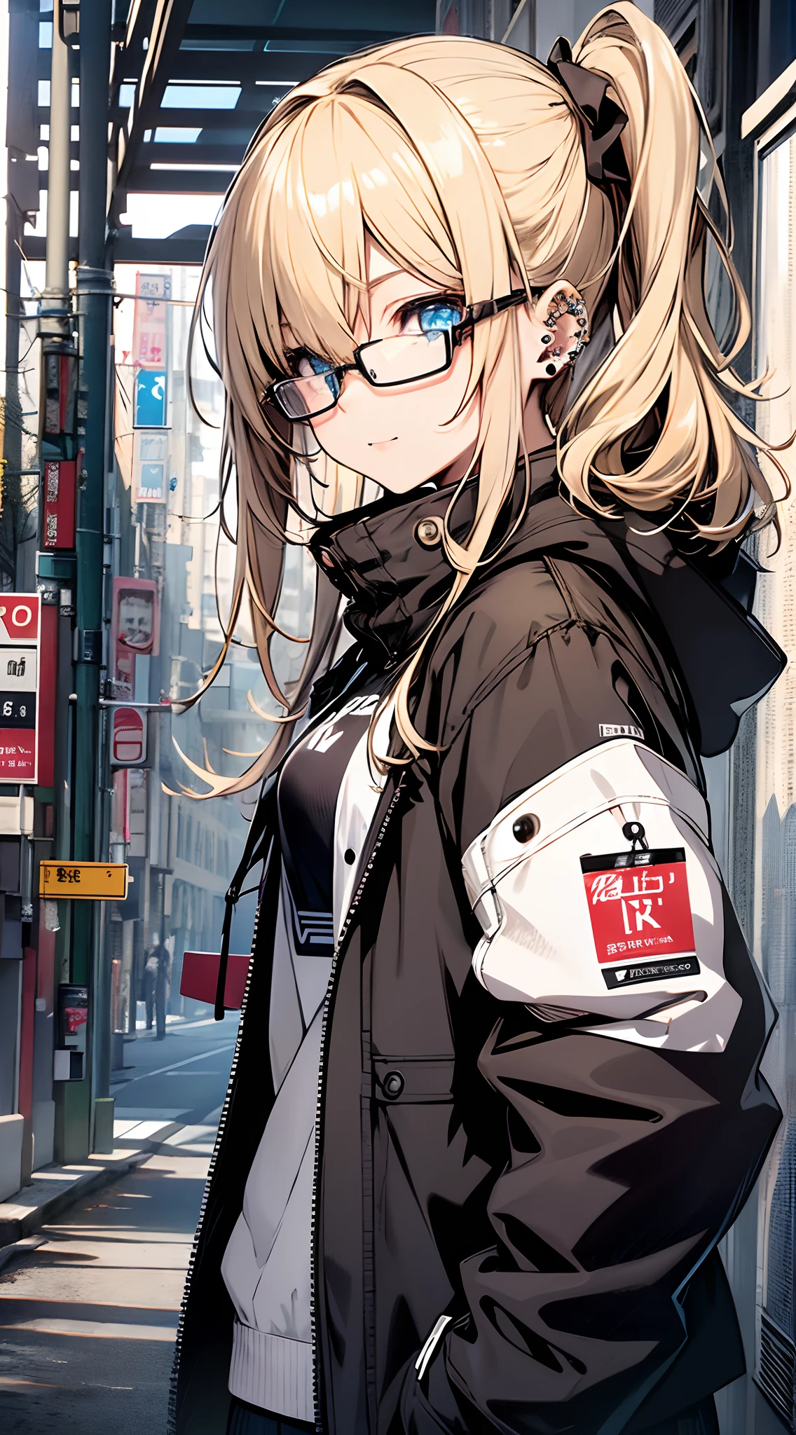 top-quality、Top image quality、masterpiece、girl with((18year old、parka:1.6、Bust 90、a blond、disheveled ponytail、Blue eyes、open chest wide、Happiness、Black wristband on wrist、eye glass、Ear-piercing))、A slender、hiquality、visualart、Background with((bars))、masutepiece
